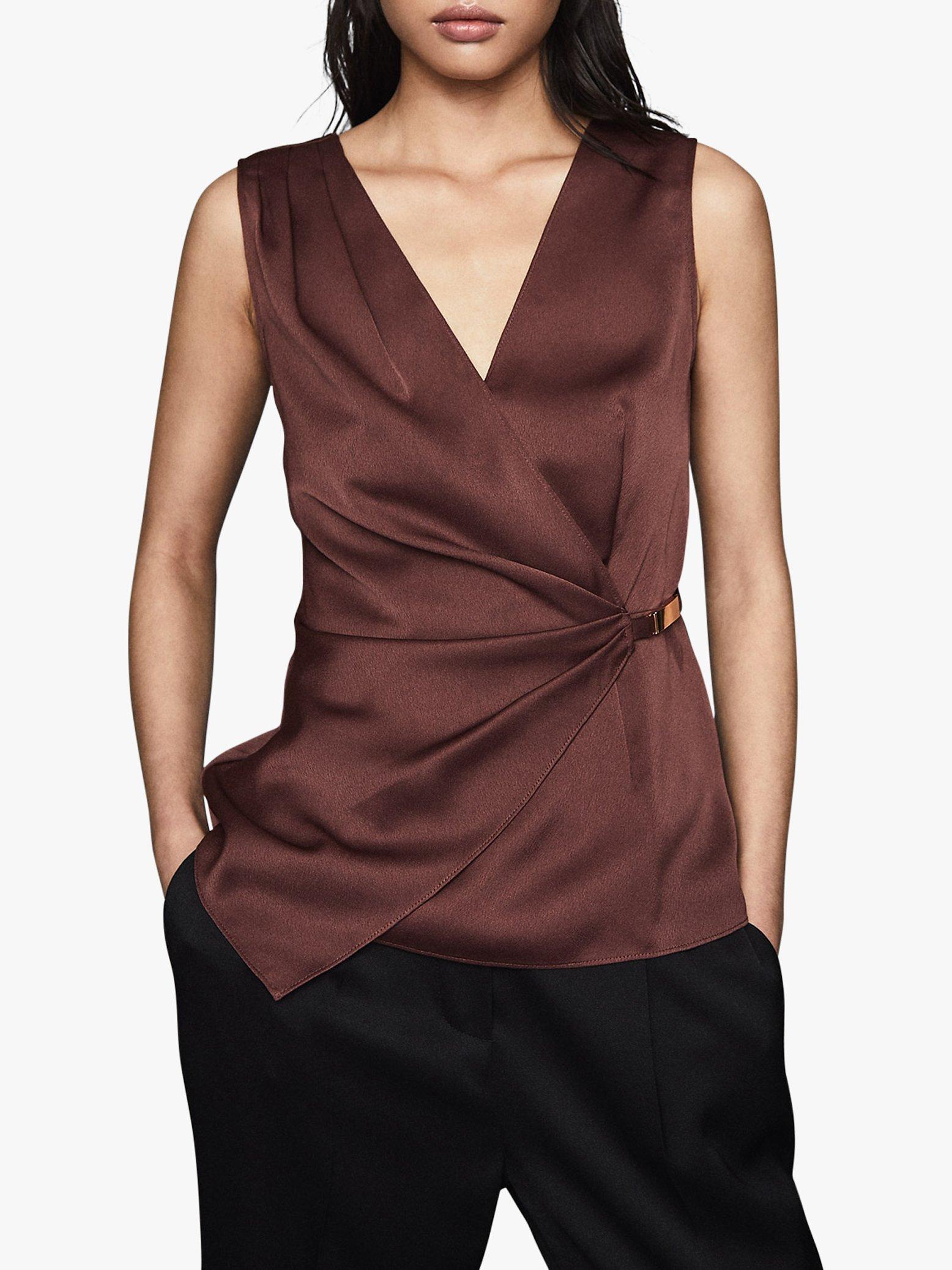 Reiss Wendy Sleeveless Hardware Detail Satin Top, Chocolate
