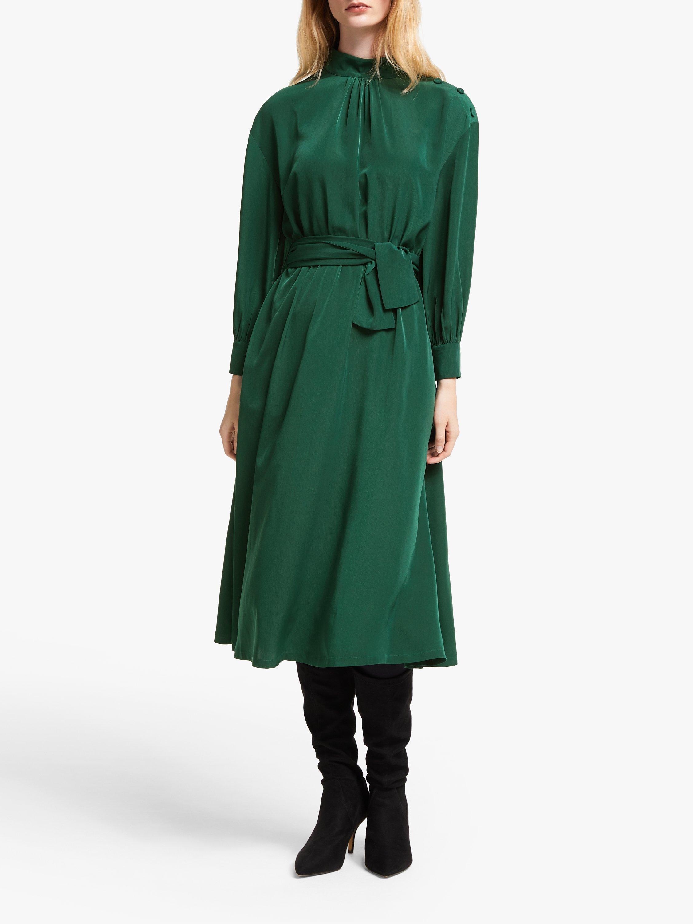 John Lewis & Partners High Neck Tie Waist Dress, Green