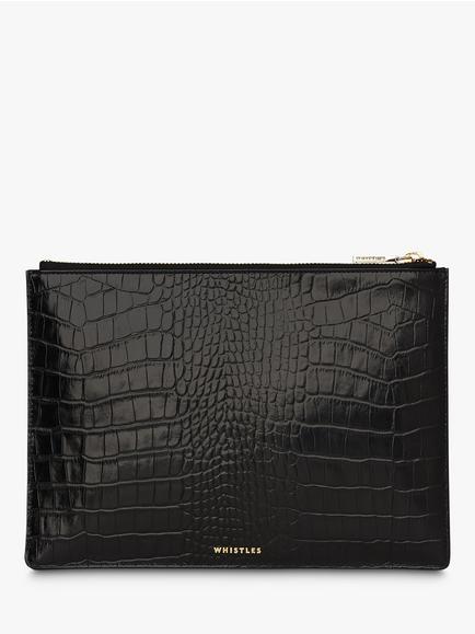 Whistles Shiny Croc Zip Leather Purse, Black
