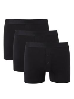 John Lewis Organic Cotton Button Fly Trunks, Pack of 3, Black, Black