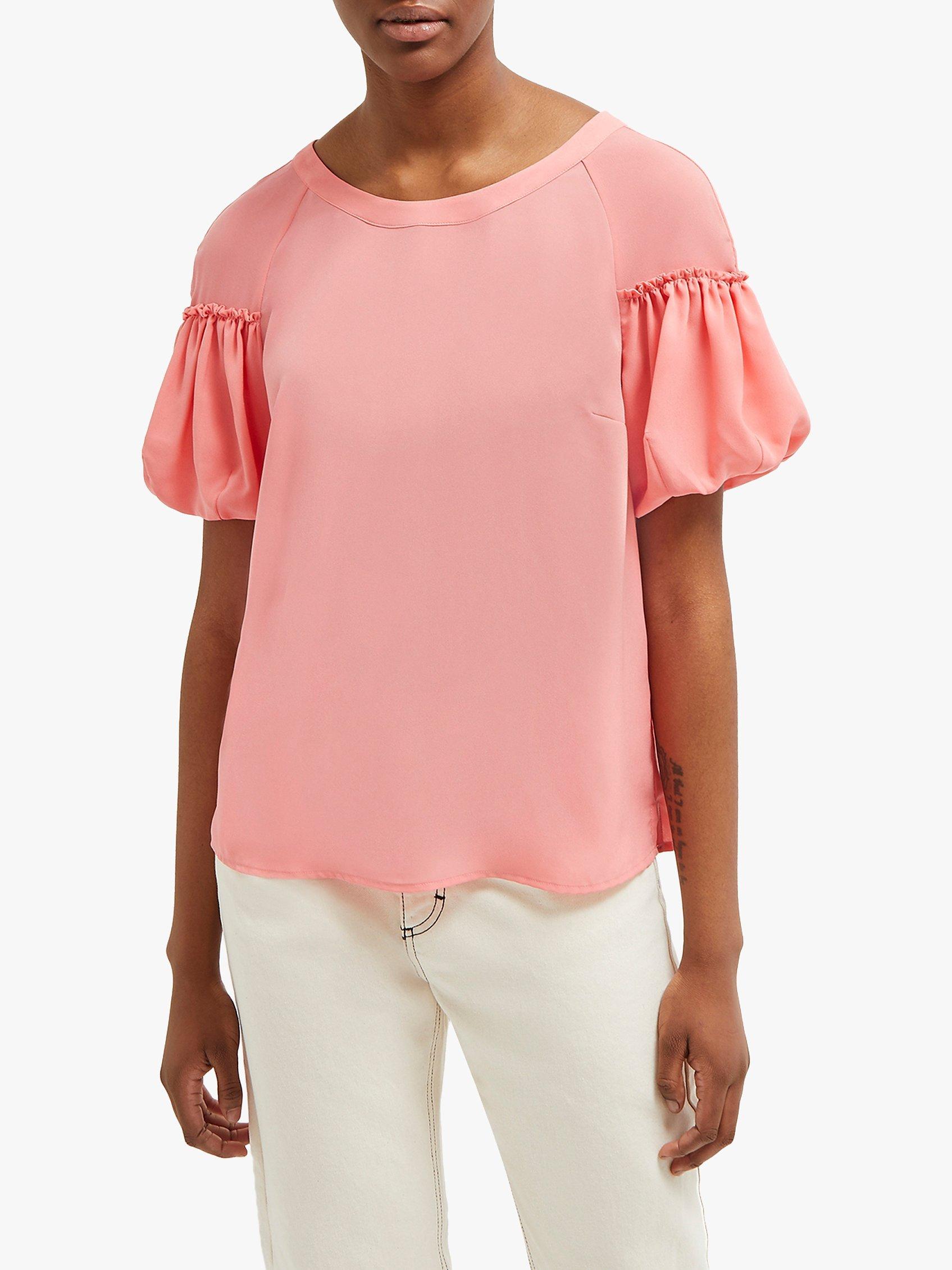 French Connection Crepe Puff Sleeve Top, Pink Whip, 6