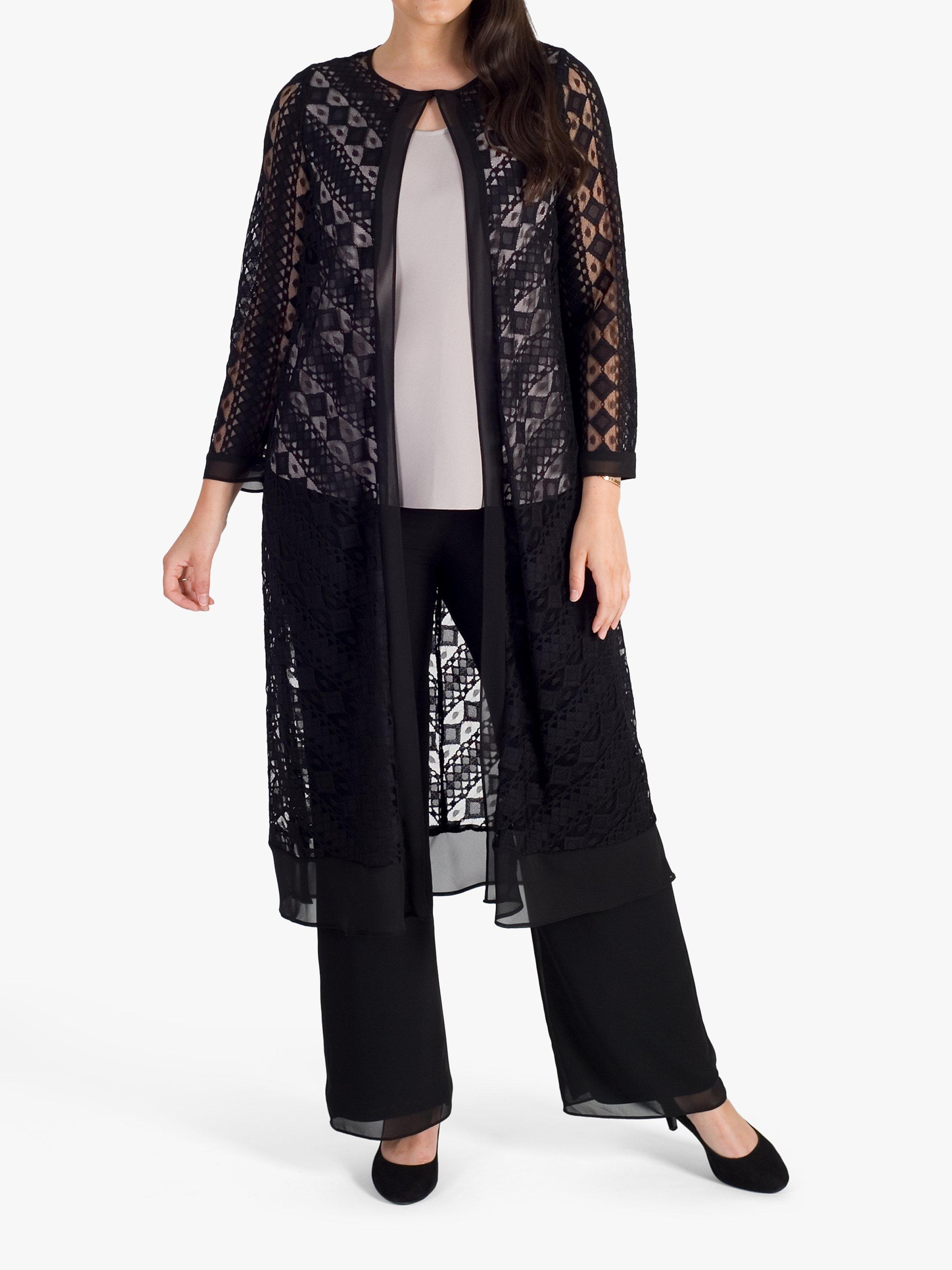 chesca Chiffon Trim Chevron Stripe Lace Coat, Black
