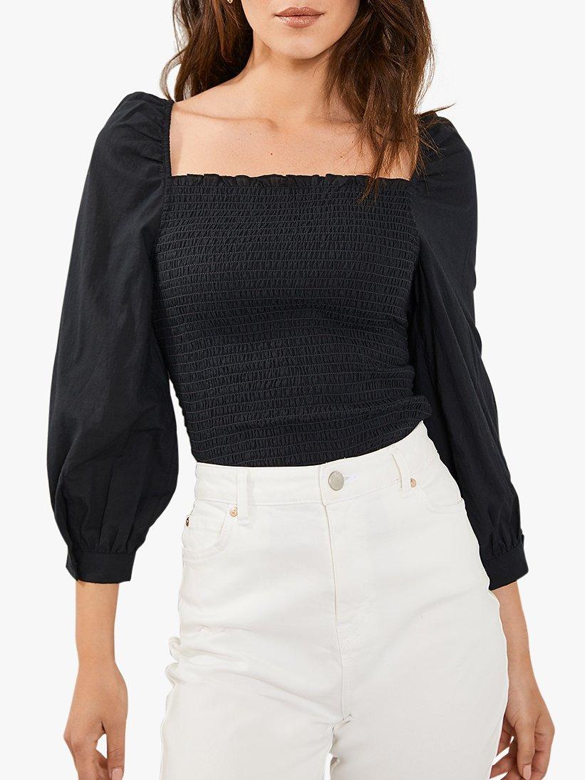 Mint Velvet Shirred Square Neck Top, Black