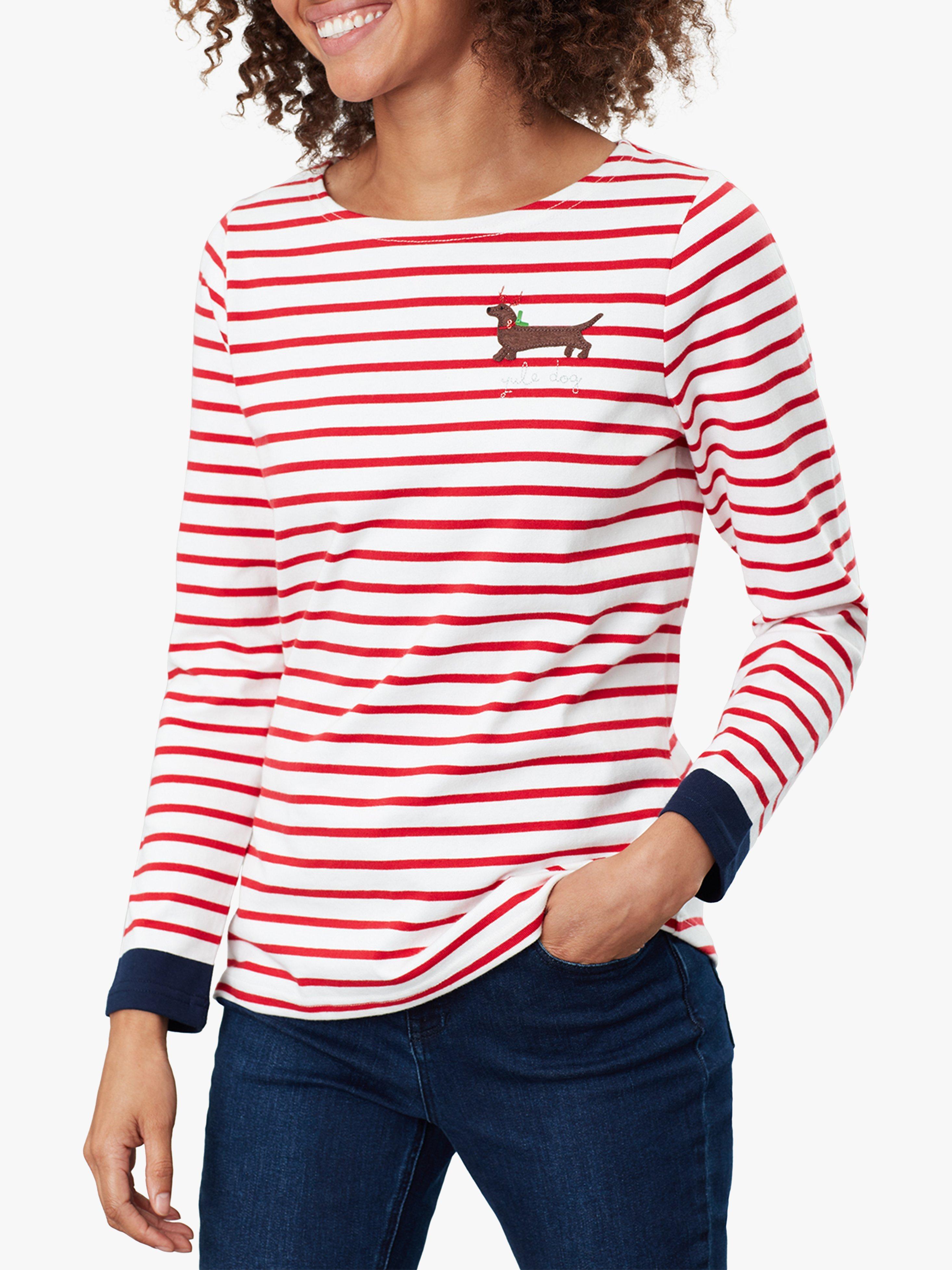 Joules Harbour Yule Dog Embroidered Jersey Top, Red Stripe