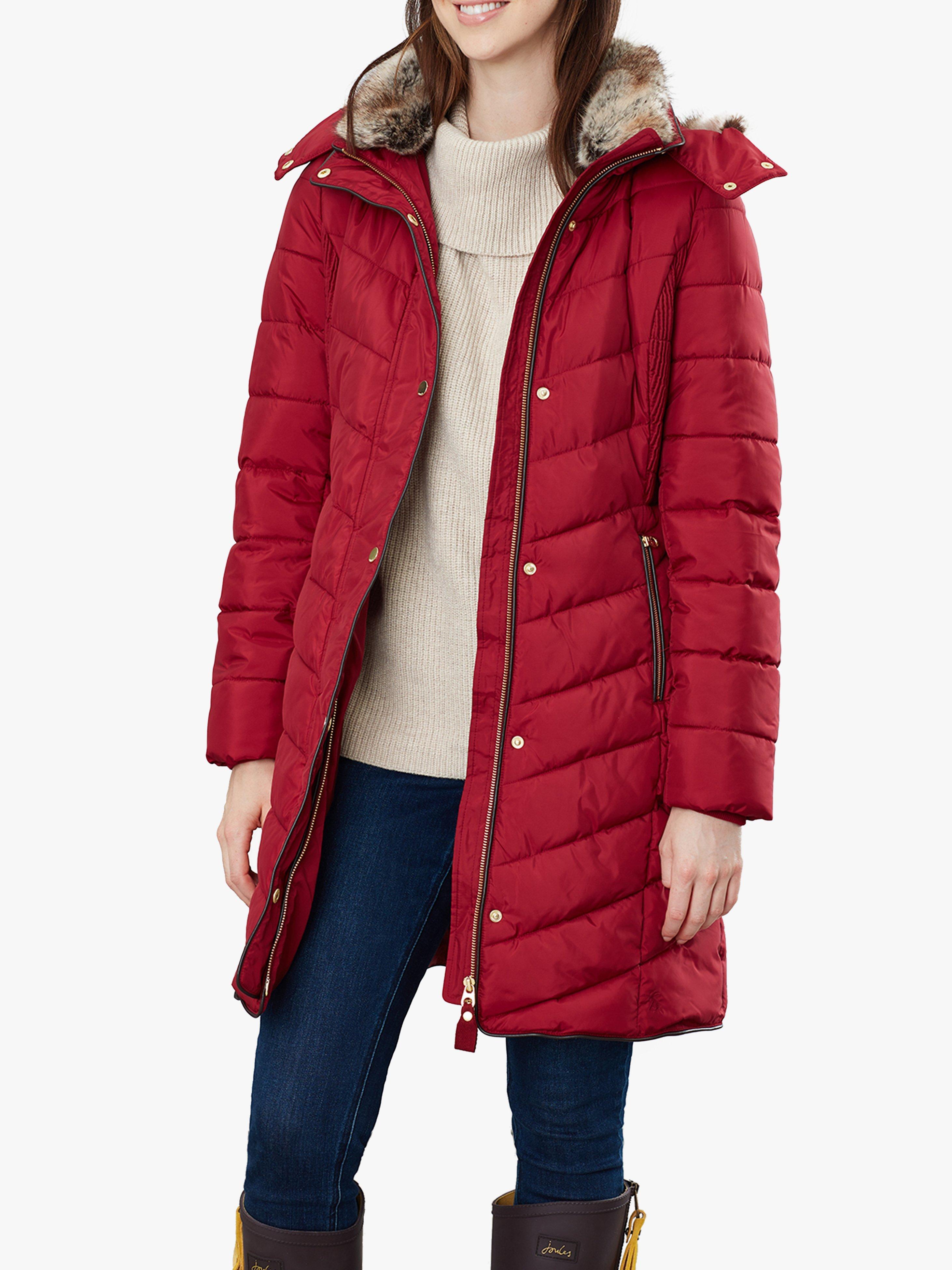 Joules Cherington Chevron Quilted Faux Fur Detail Coat Red Wine