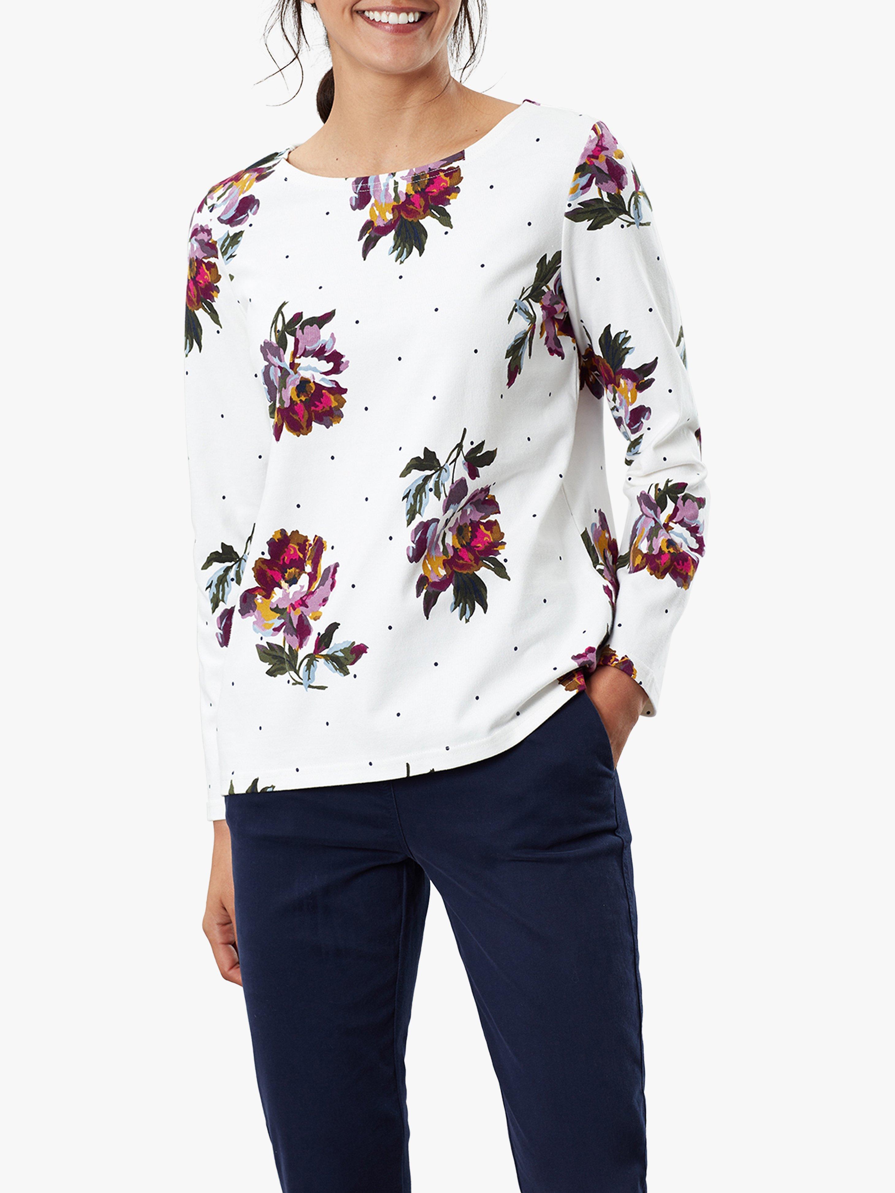 Joules Harbour Floral Print Long Sleeve Jersey Top, Cream/Multi