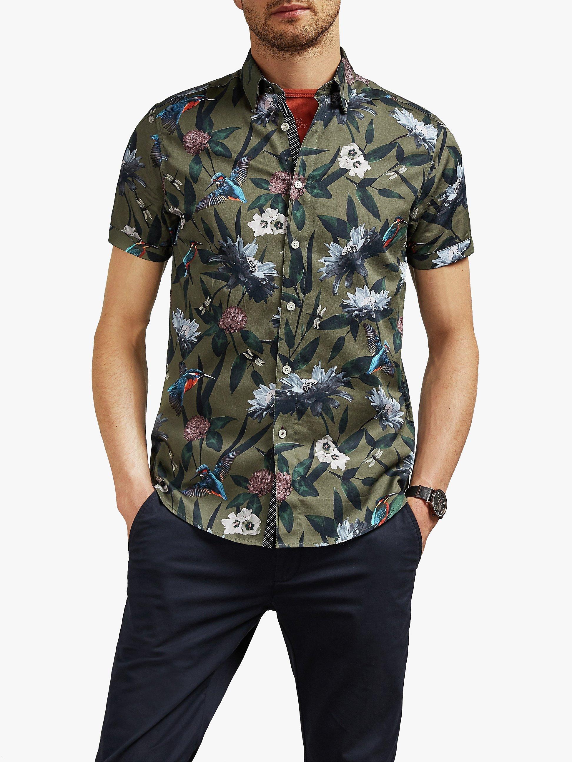 Ted Baker Johnn Floral Kingfisher Shirt, Khaki Green