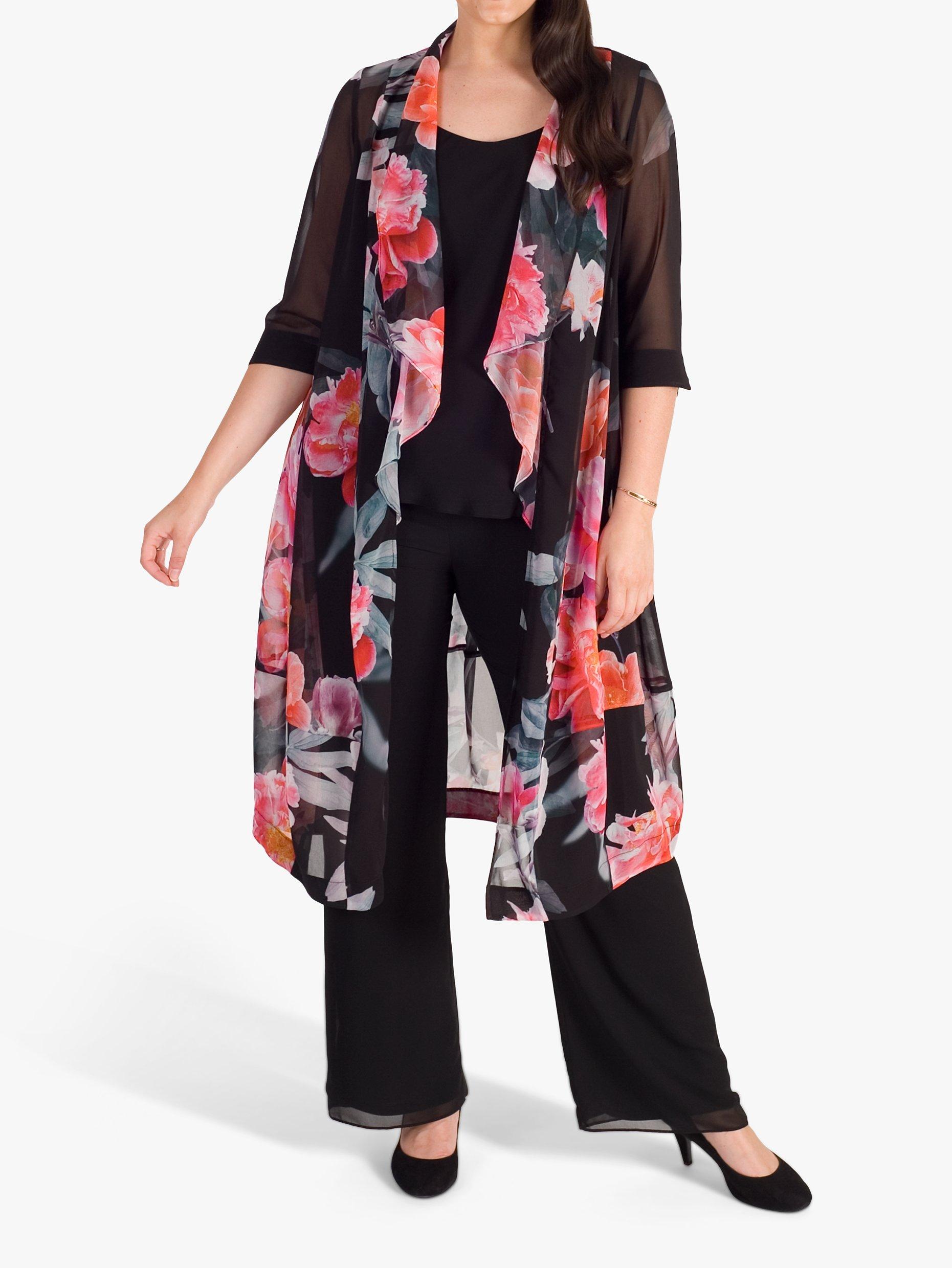 chesca Peony Print Shawl Collar Chiffon Coat, Black/Pink