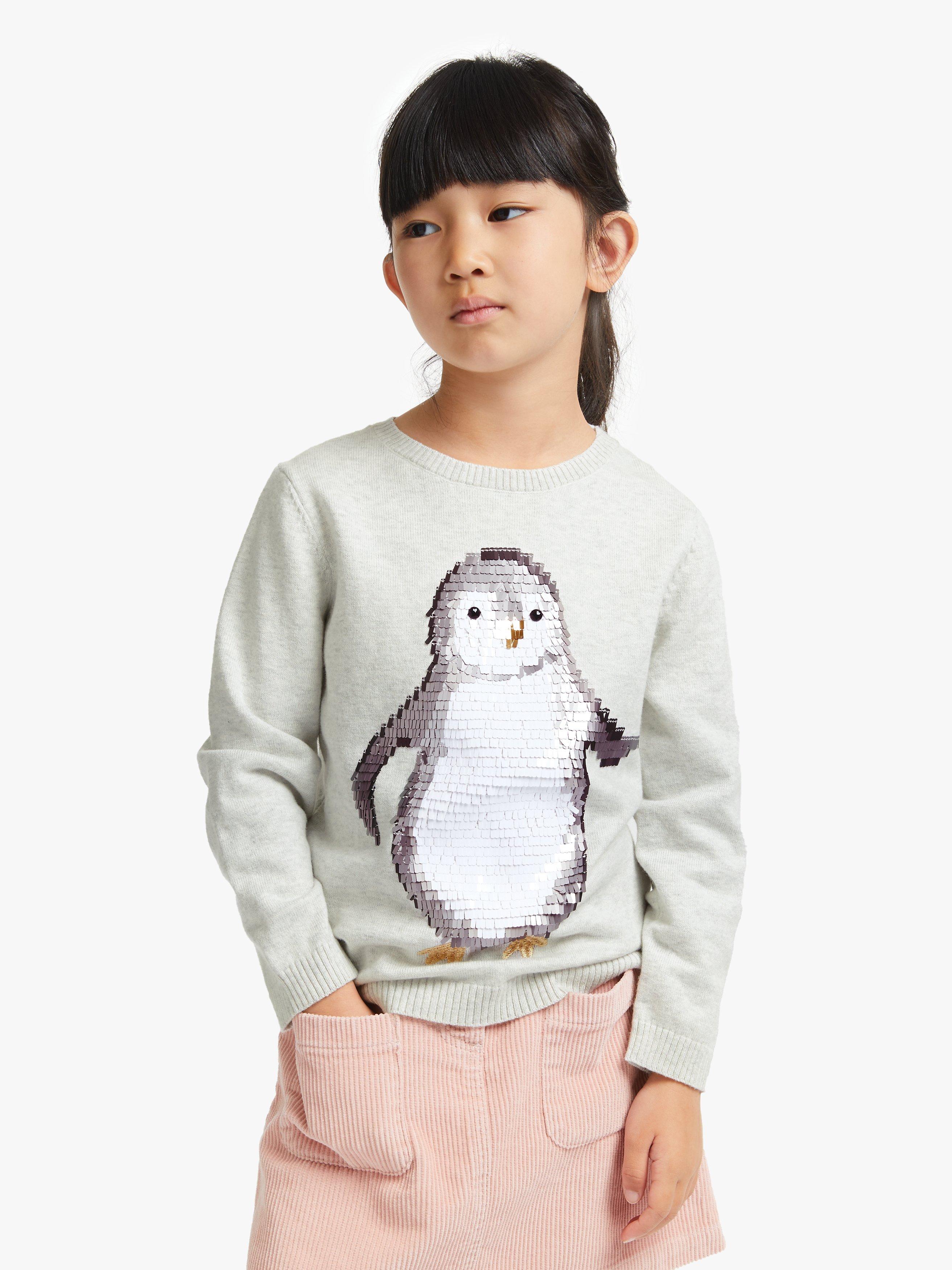 John Lewis Partners Girls Sequin Penguin Jumper Grey