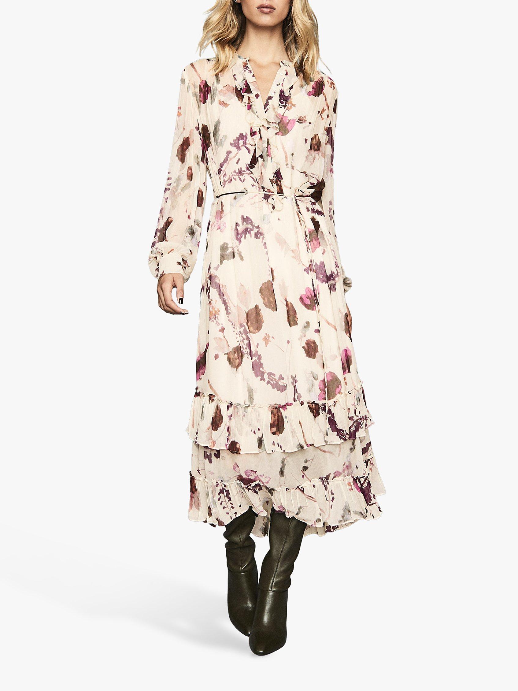 Reiss Aster Floral Print Ruffle Midi Dress, Cream