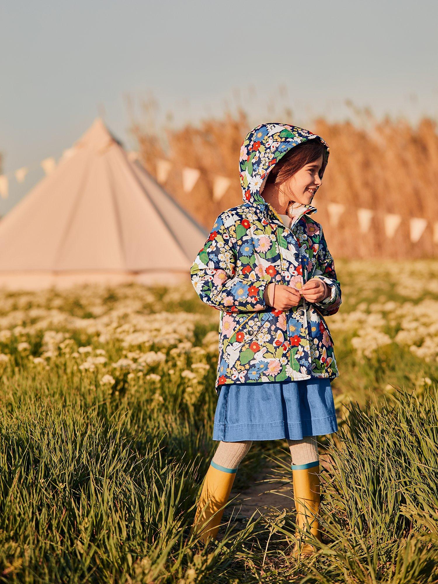Mini Boden Girls' Sherpa Lined Floral Anorak Coat, Blue Florabunda