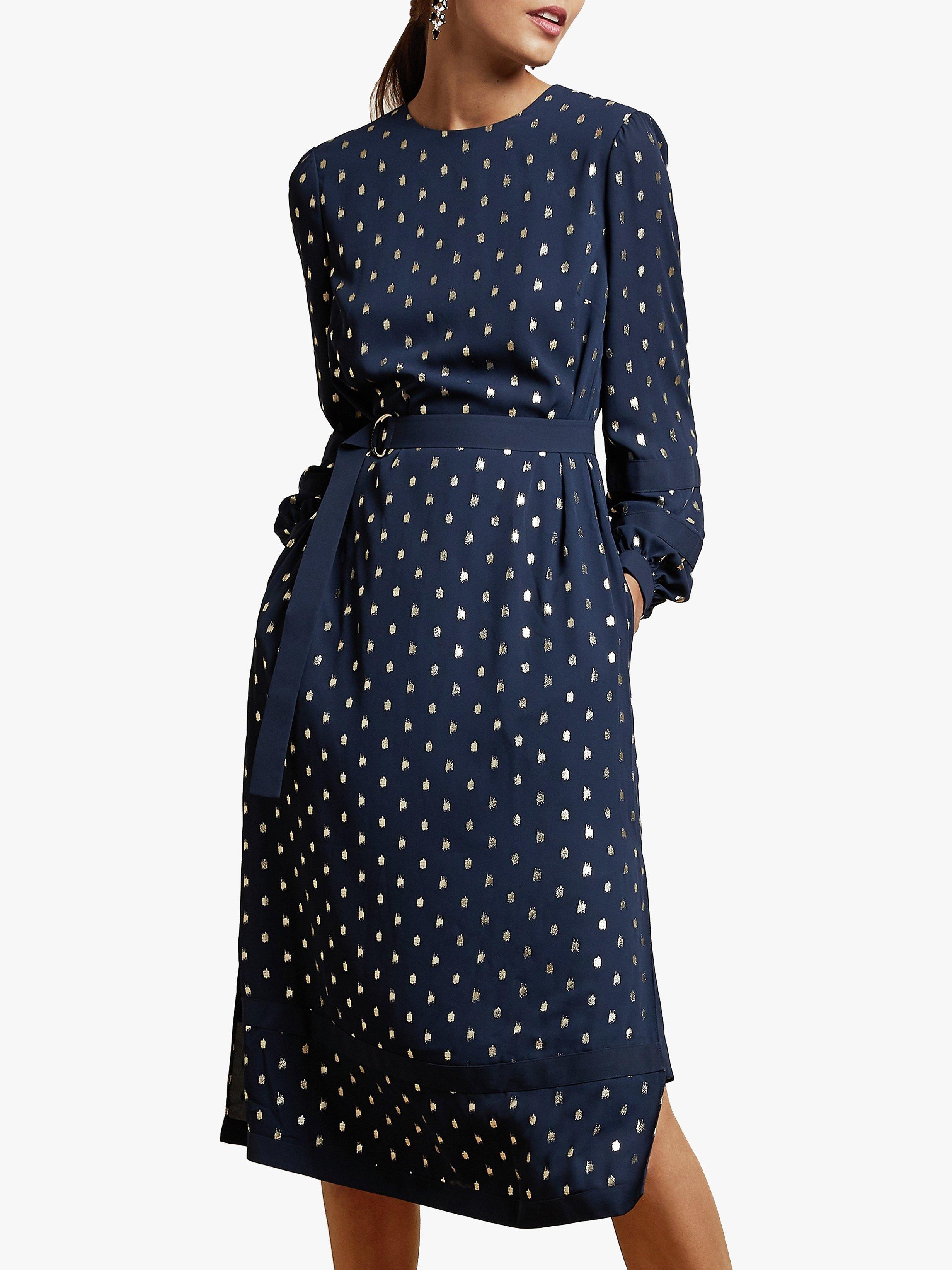Ted Baker Haylow Long Sleeve Tie Cuff Midi Dress, Dark Blue