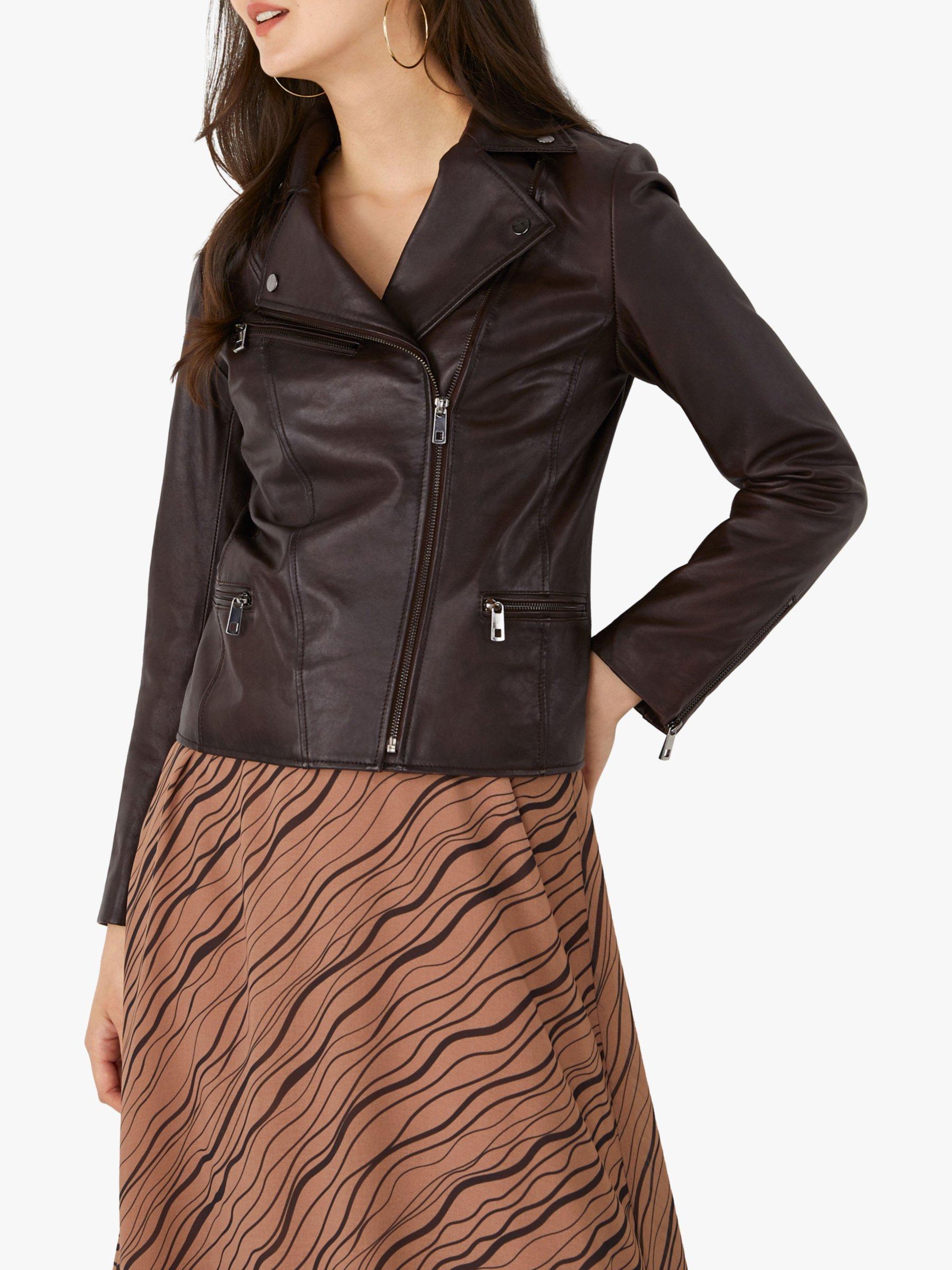 Pure Collection Leather Biker Jacket, Chocolate