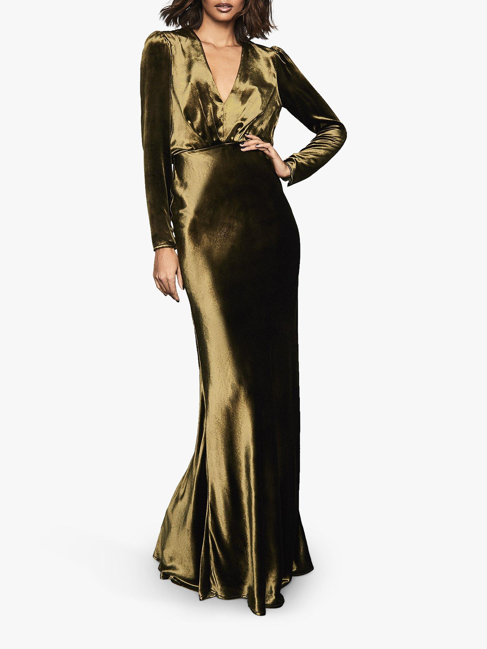 Reiss Klara Velvet Plunge Maxi Dress, Khaki