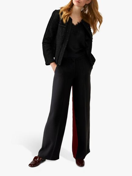 Pure Collection Wide Leg Stripe Trousers, Black/Burgundy, Black/Burgundy