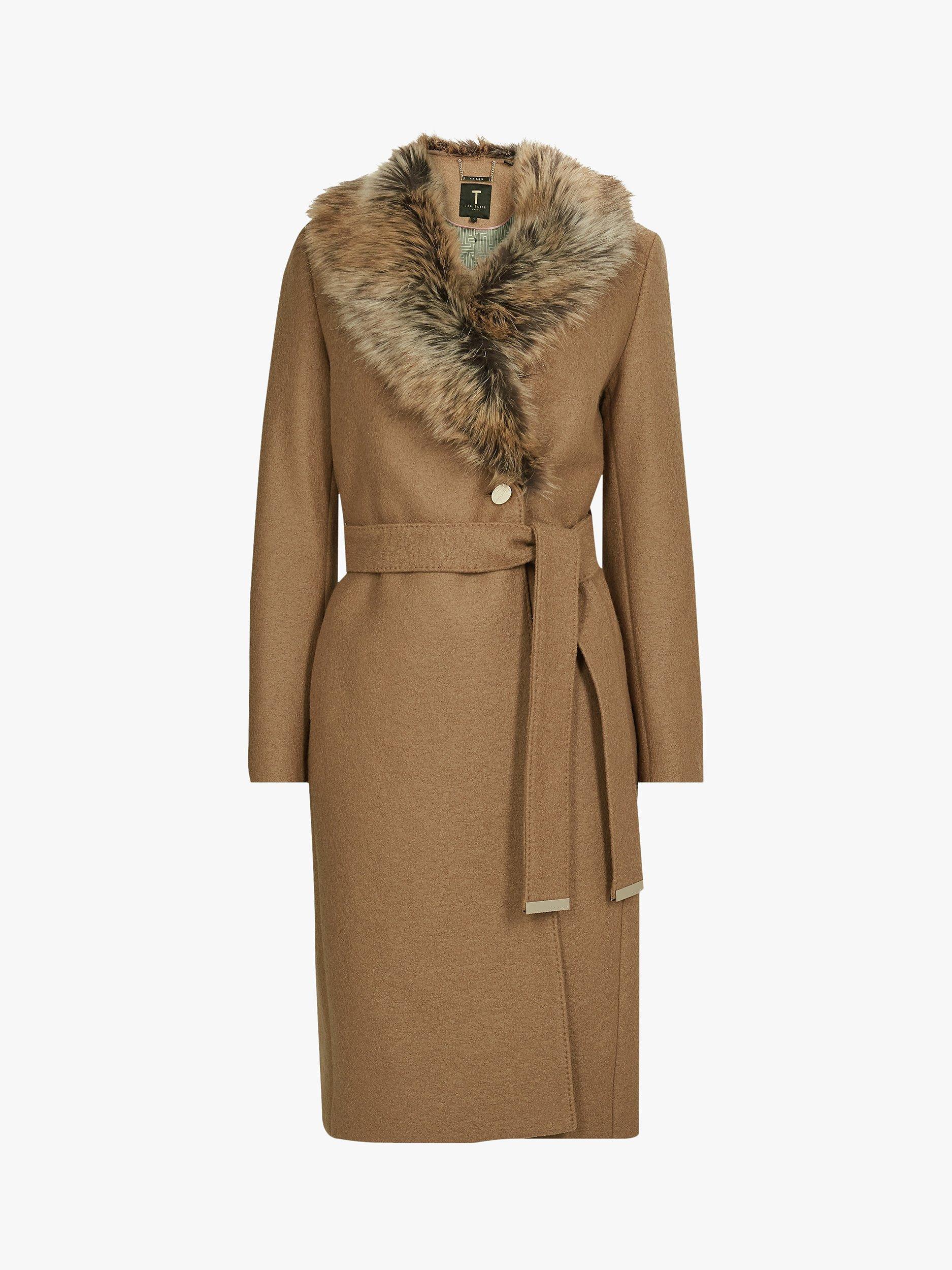 Ted Baker Corinna Faux Fur Trim Wool Coat Brown Tan