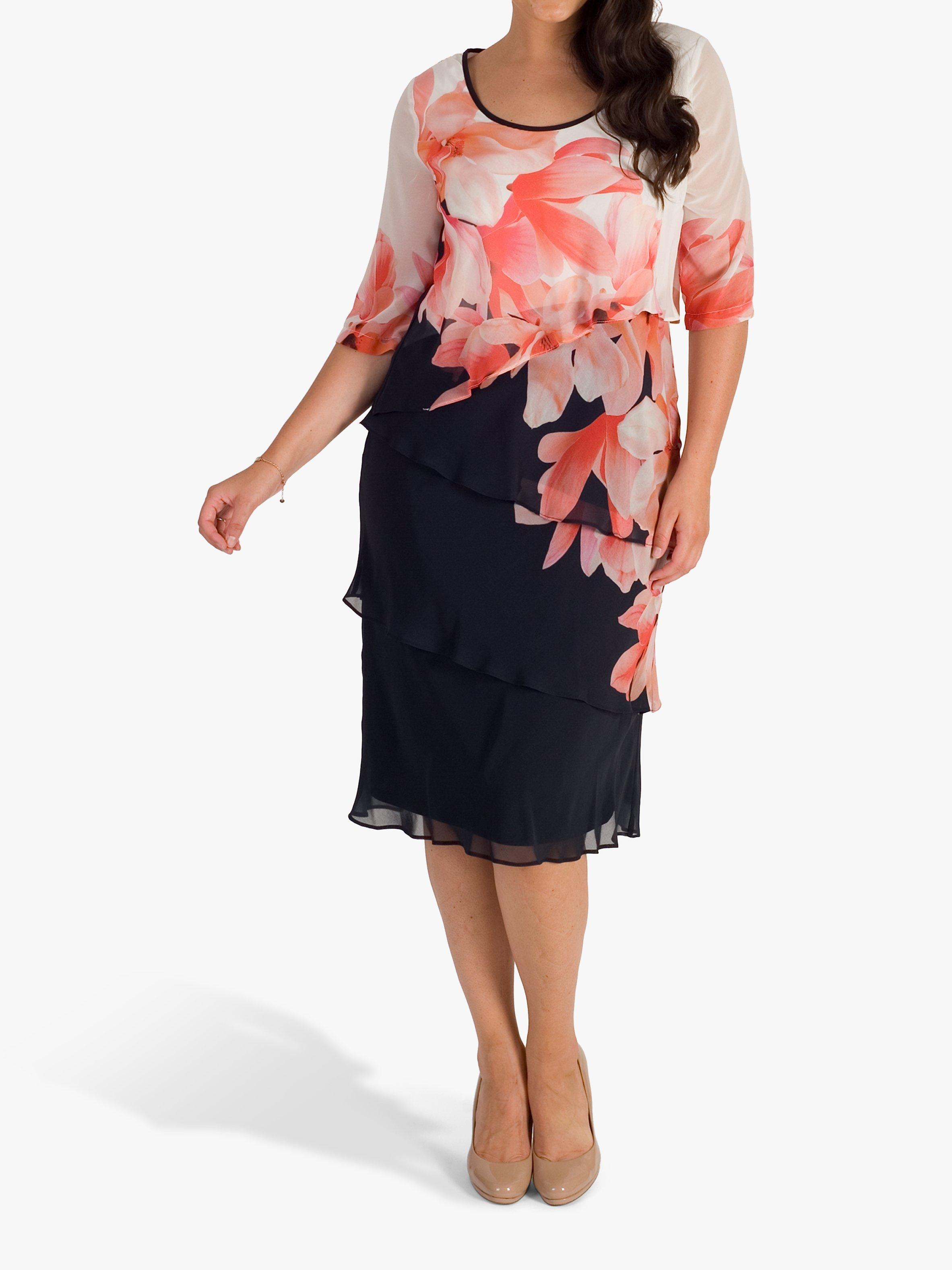 chesca Garland Border Layered Chiffon Dress, Navy/Coral/Ivory
