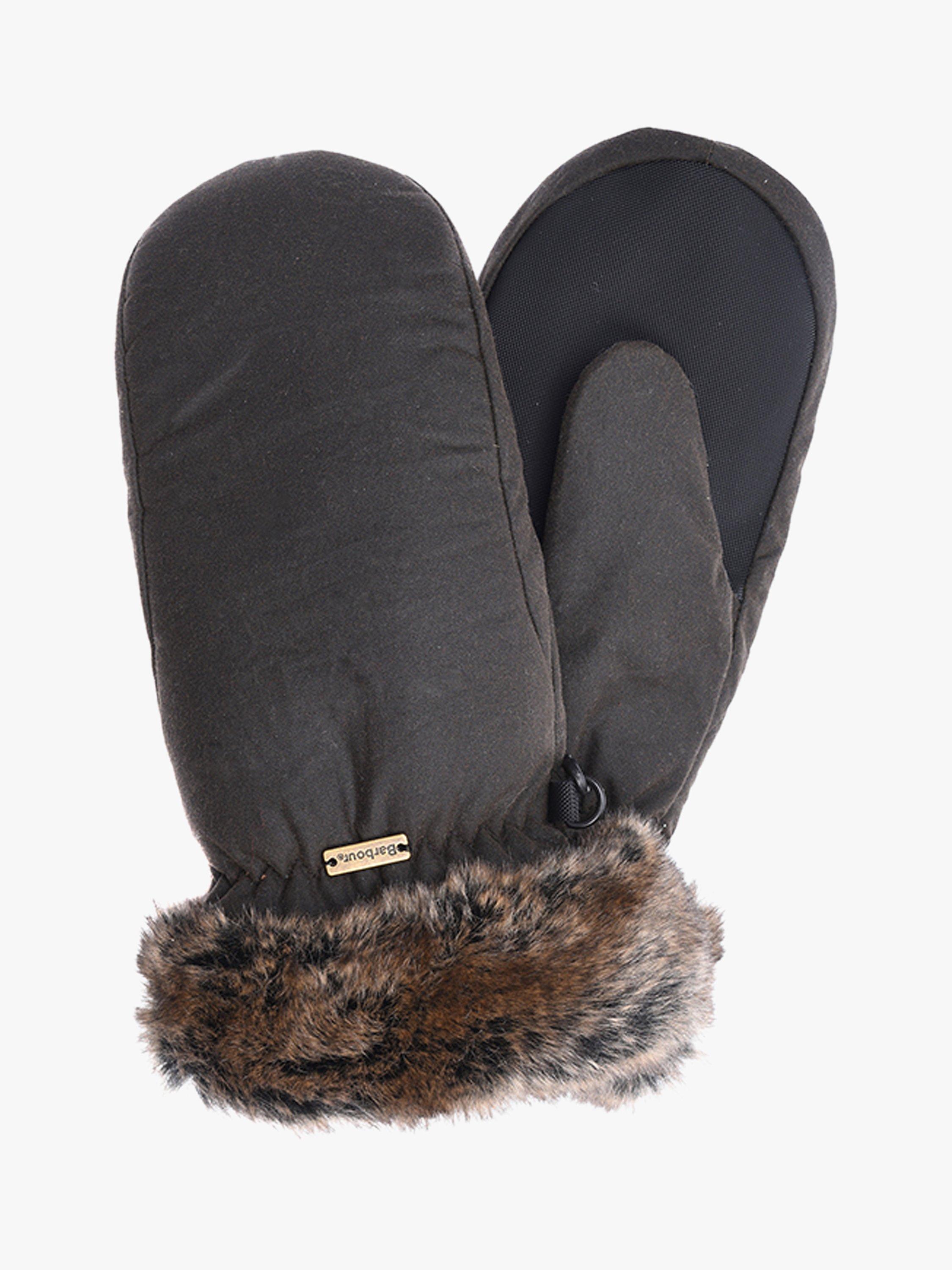 Barbour Waxed Cotton Faux Fur Trim Mittens, Olive