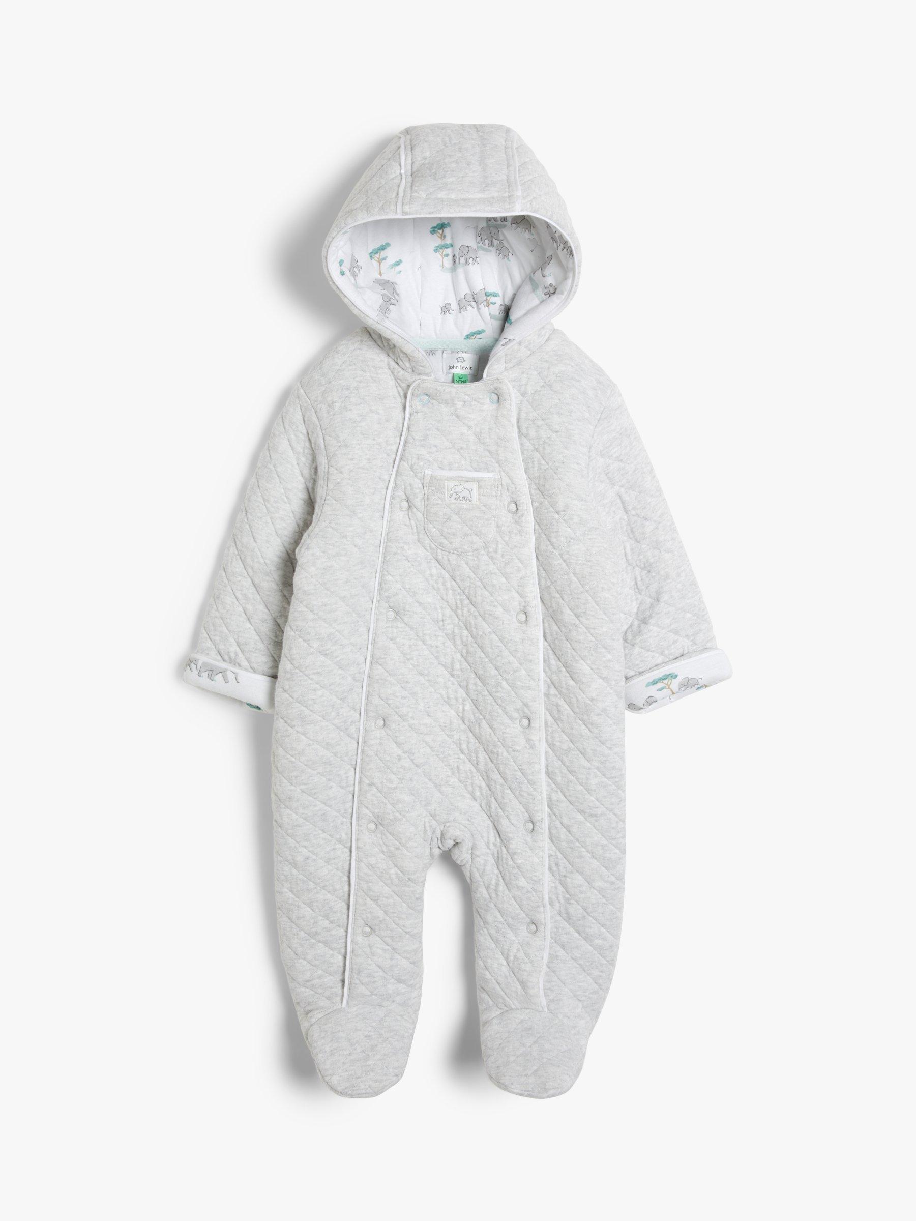John Lewis & Partners Baby GOTS Organic Cotton Elephant Hooded Pramsuit, Grey