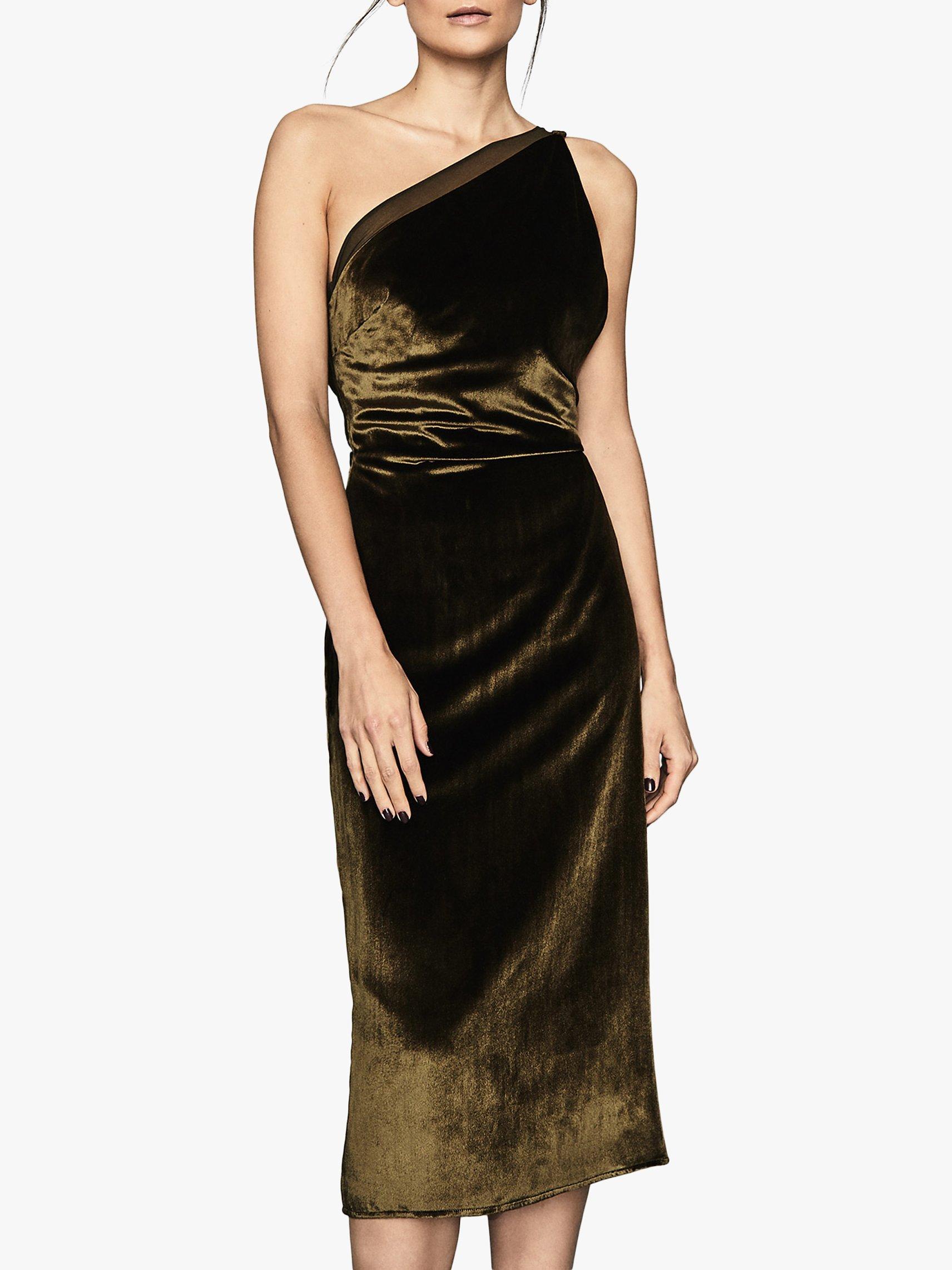 Reiss Eden Velvet One Shoulder Dress, Khaki