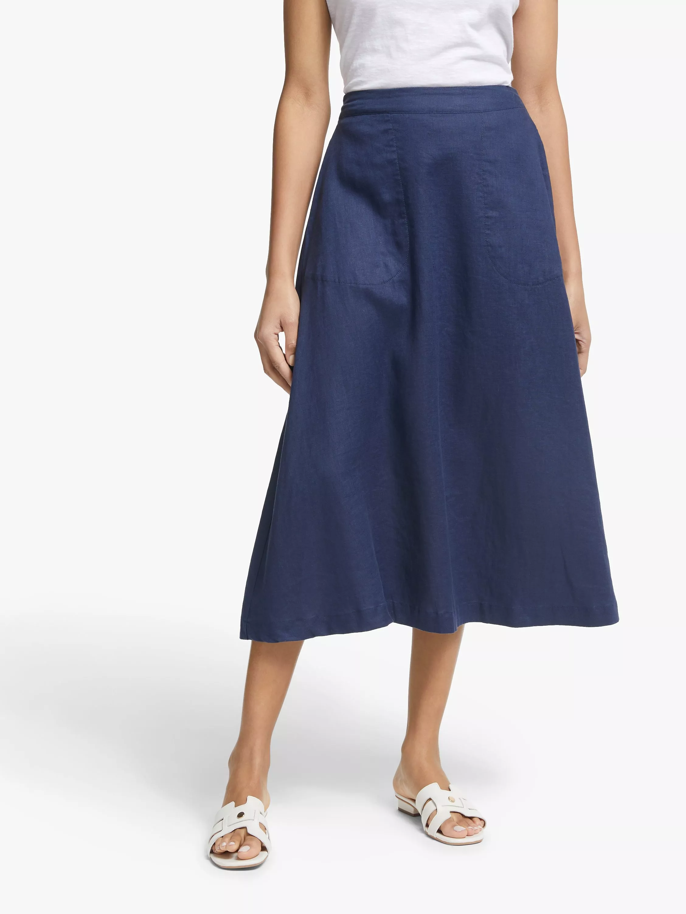 John Lewis Partners Linen A Line Midi Skirt Navy