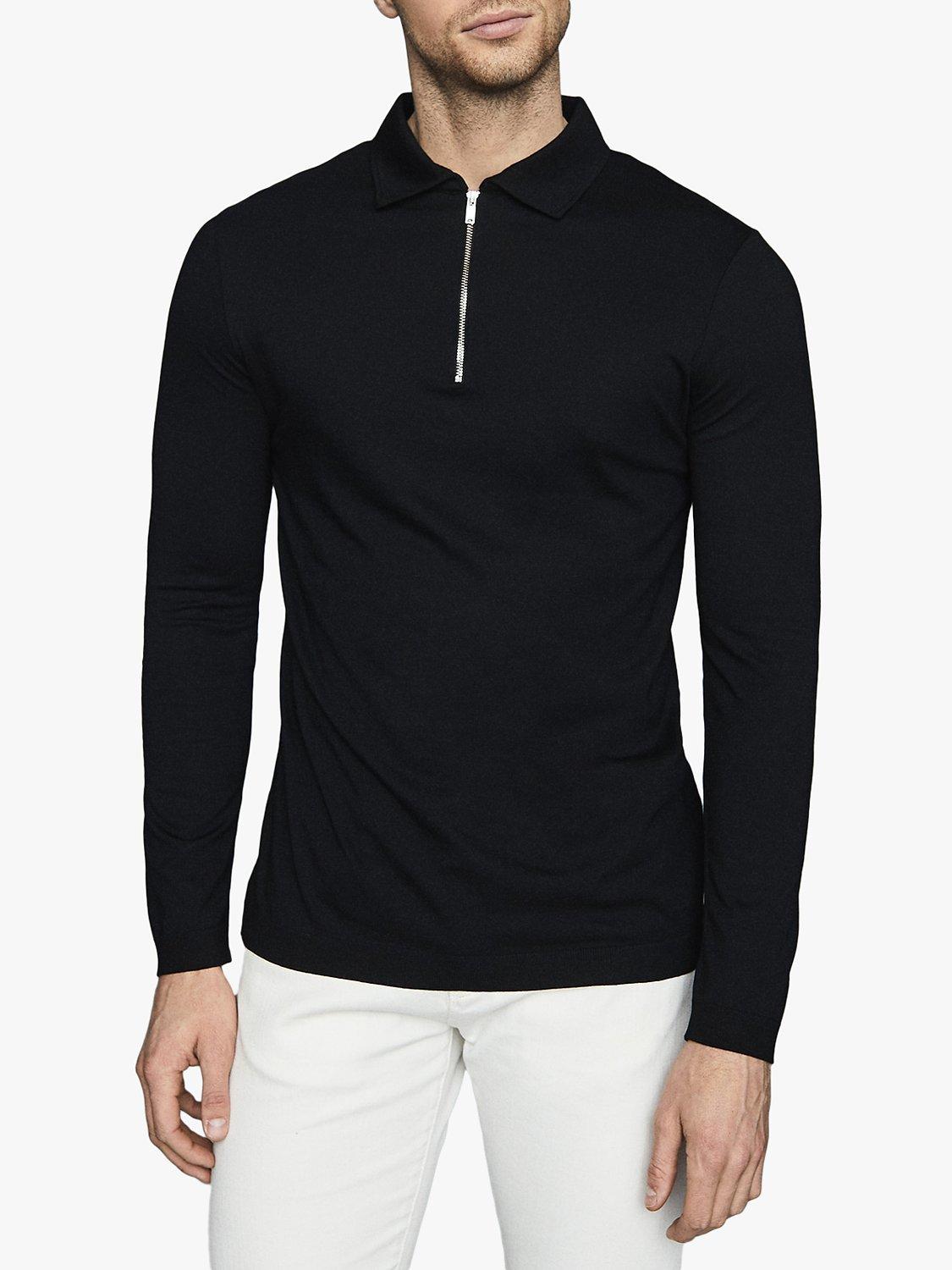 Reiss Swinton Half Zip Long Sleeve Polo Top, Black