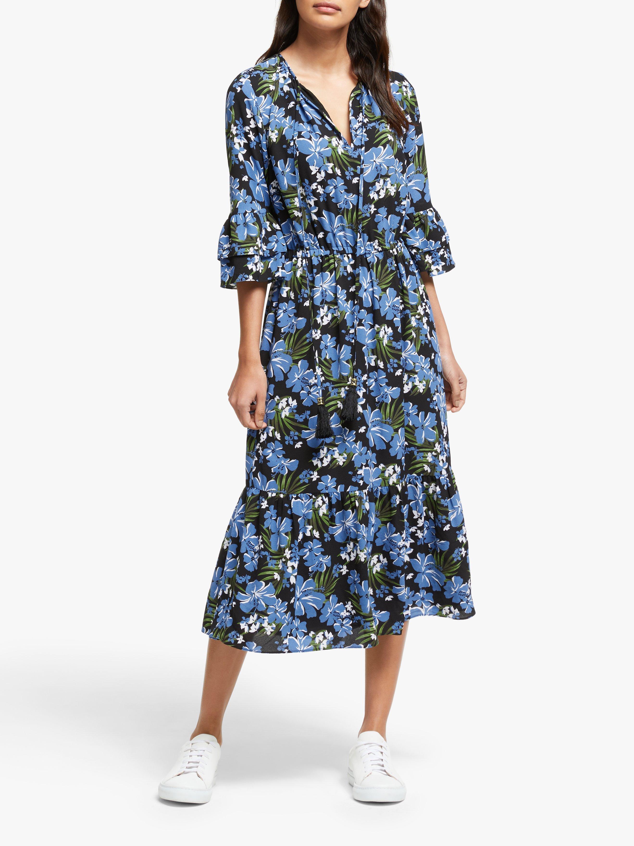 MICHAEL Michael Kors Floral Print Tie Dress, Black/Vintage Blue