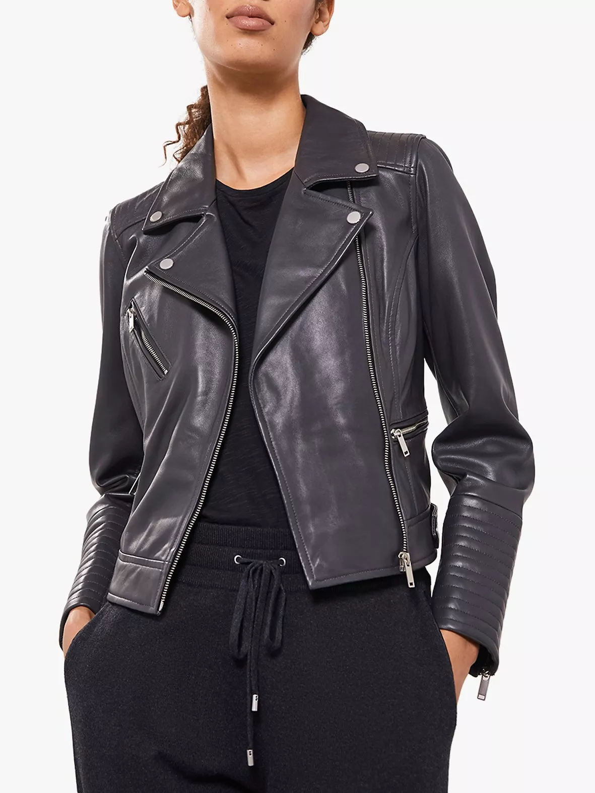 Mint Velvet Leather Zip Biker Jacket Dark Grey