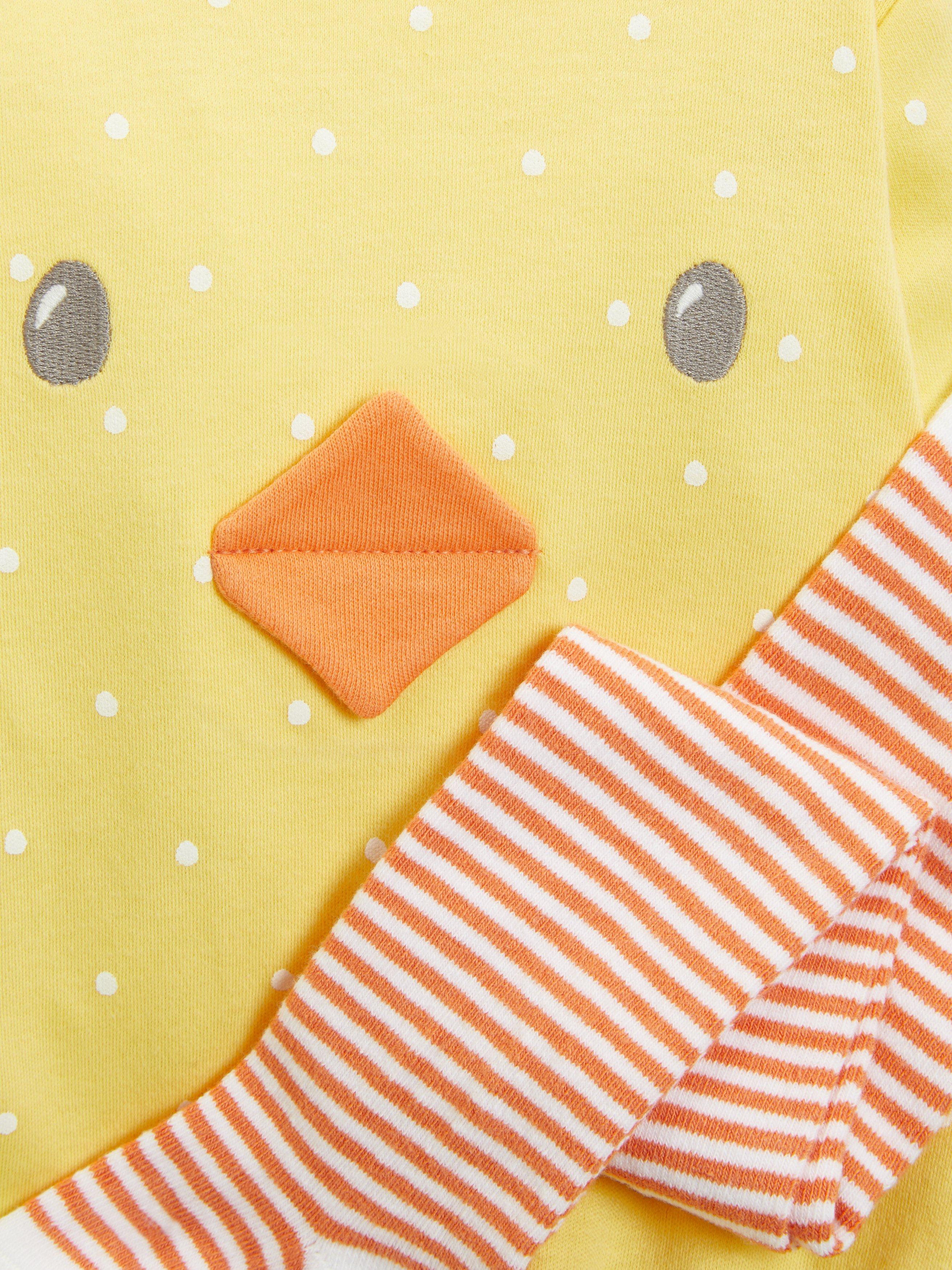 Product image 3 of 4, which shows John Lewis Baby Organic Cotton Chick Romper, Hat & Socks Set, Yellow, 3-6 months