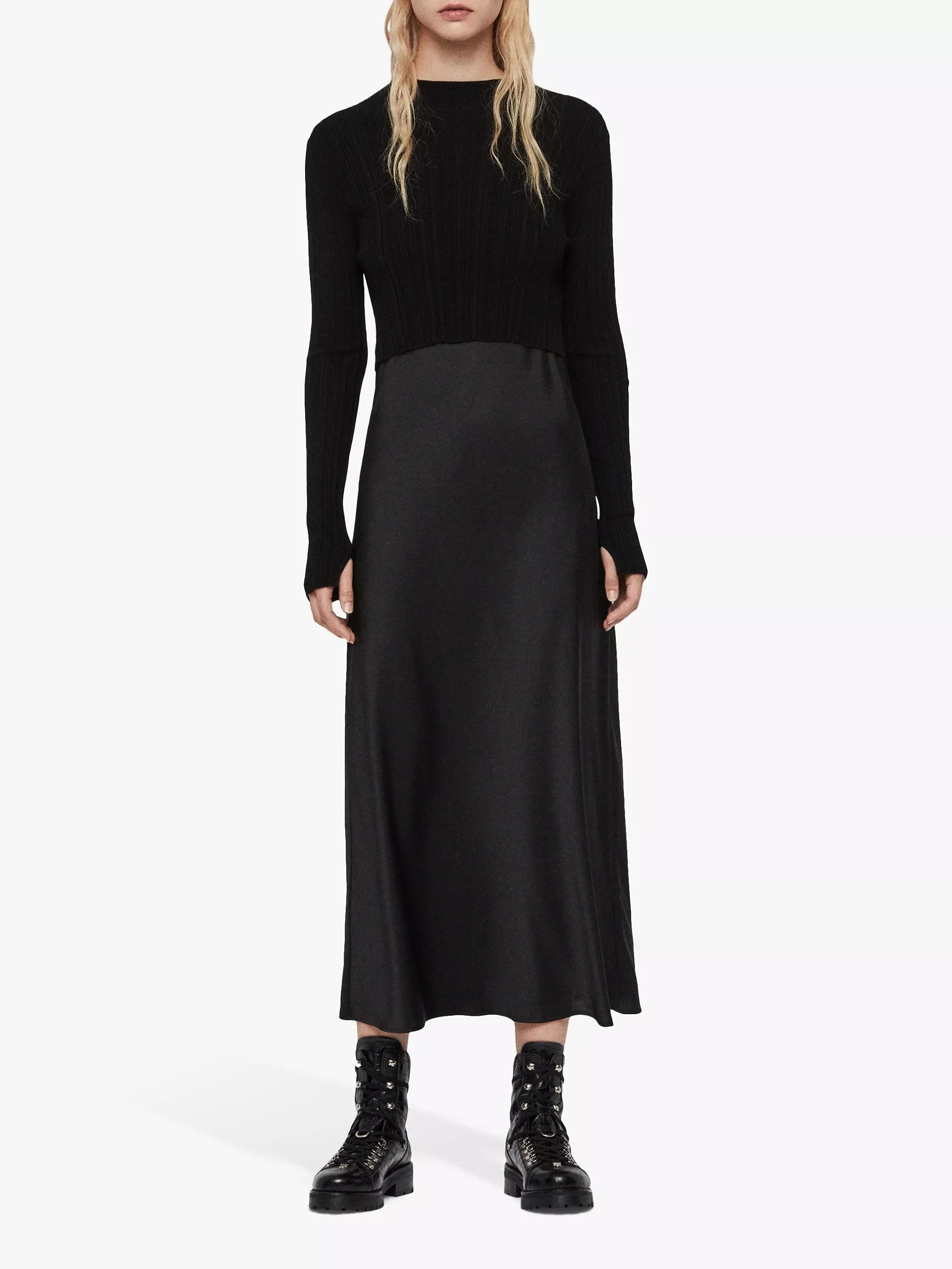 AllSaints Karla Jumper Bias Cut Satin Slip Dress Black