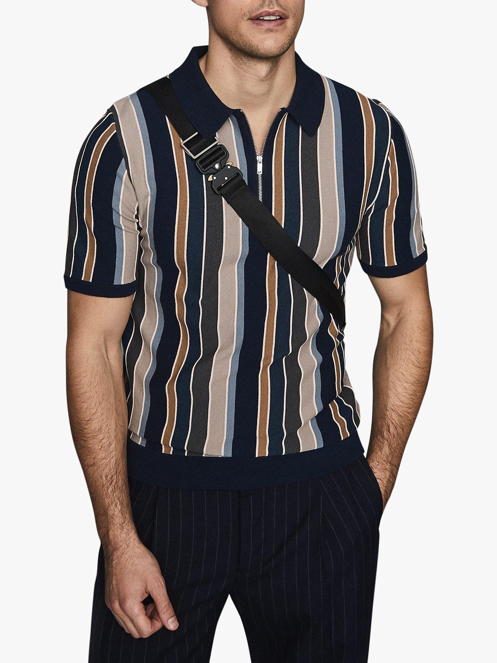 Reiss Princeton Stripe Zip Neck Polo Shirt, Blue