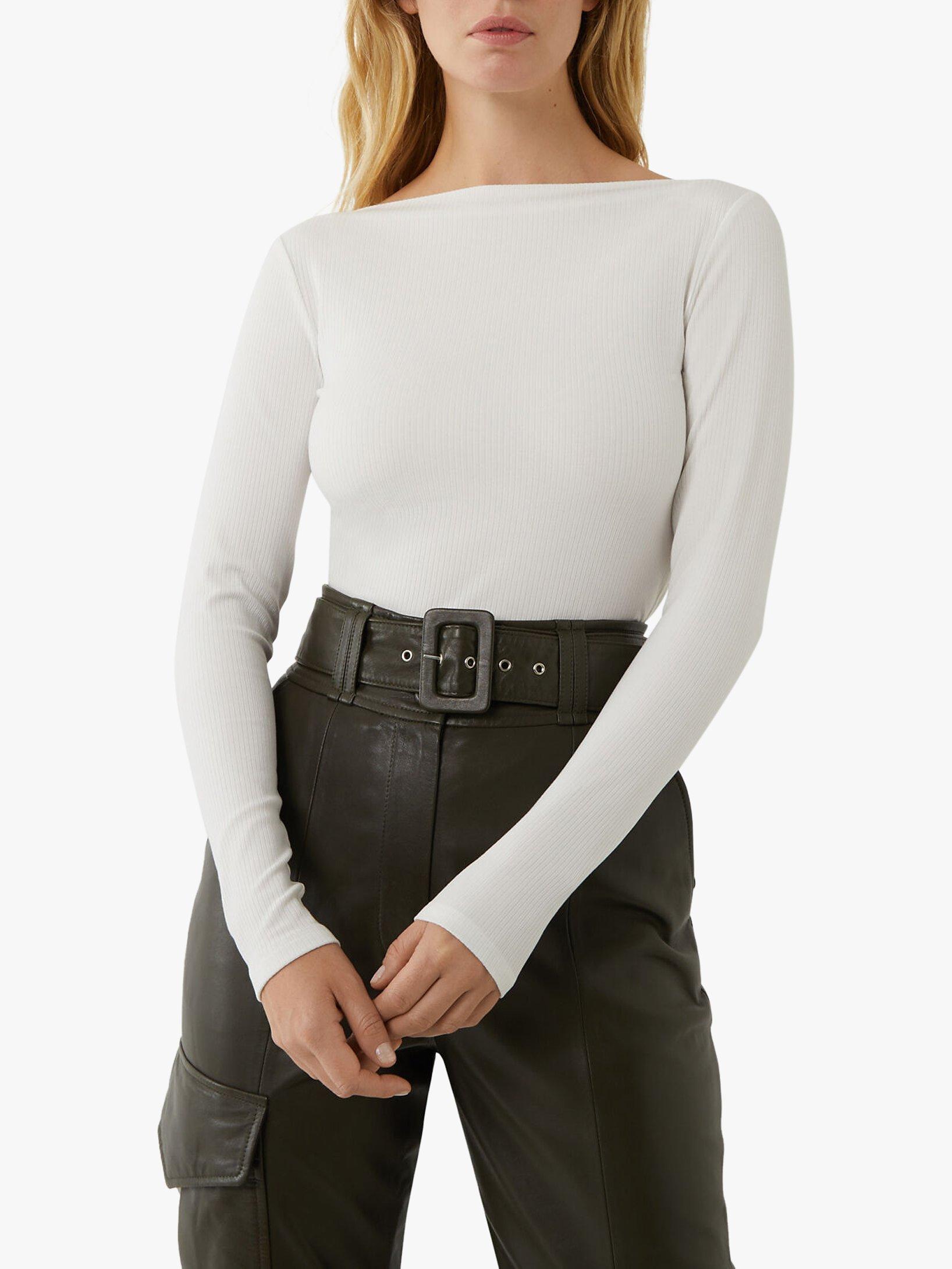 Warehouse Slash Neck Long Sleeve Rib Top, Ecru