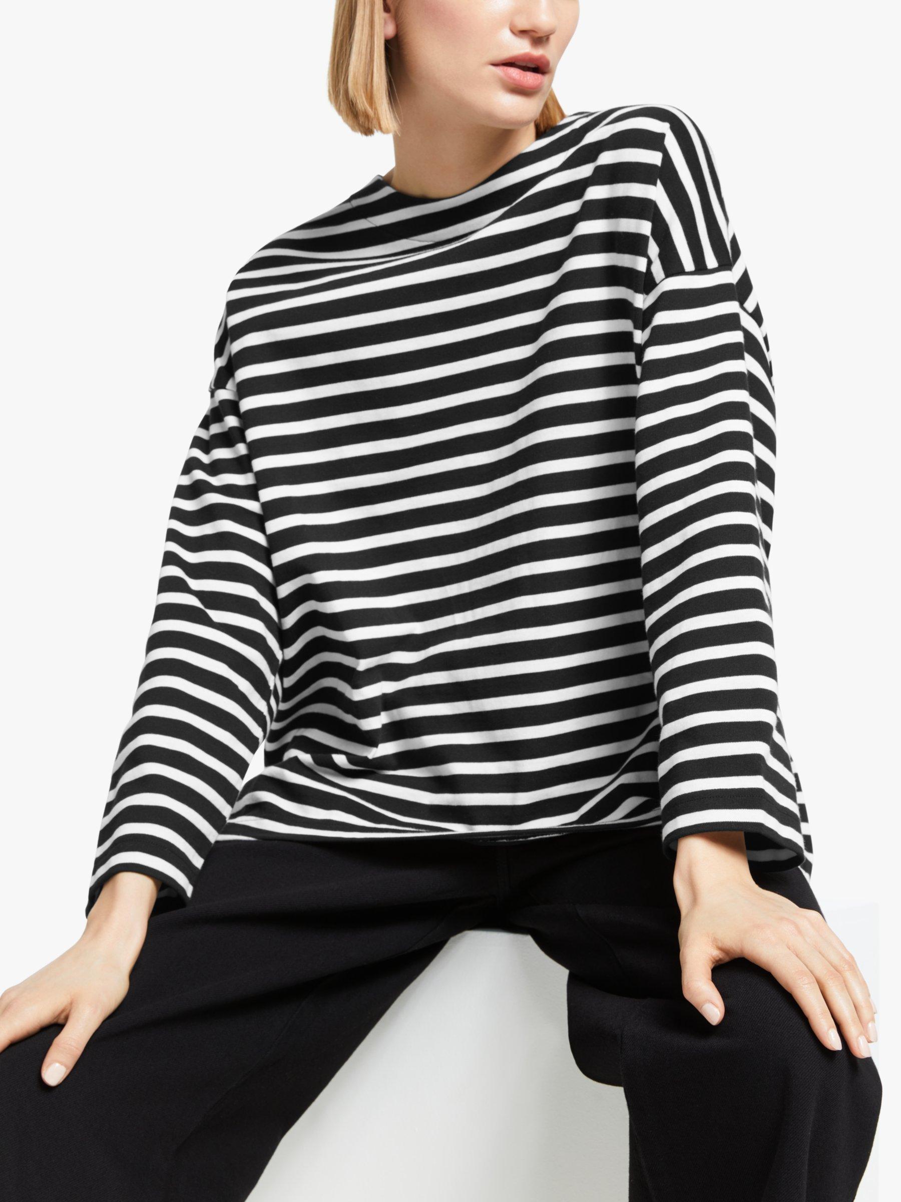 Kin Elliptical Hem Breton Stripe Top, Black/Multi