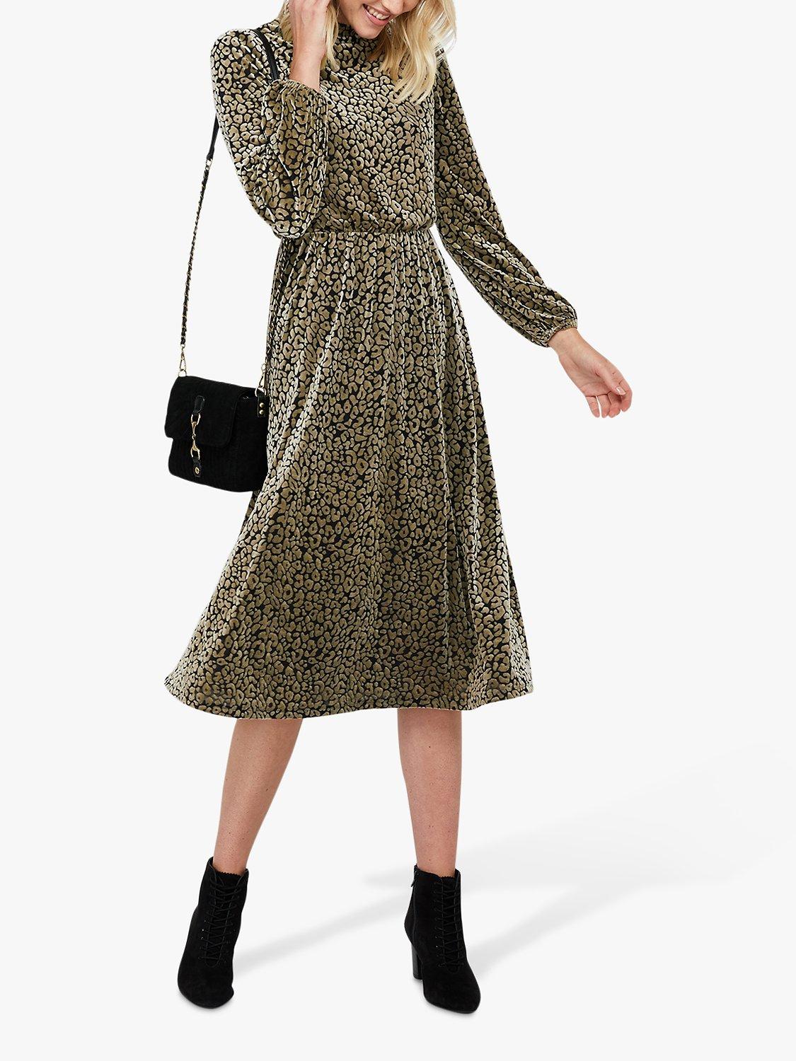 Monsoon Kylie Leopard Velvet Devore Midi Dress, Stone