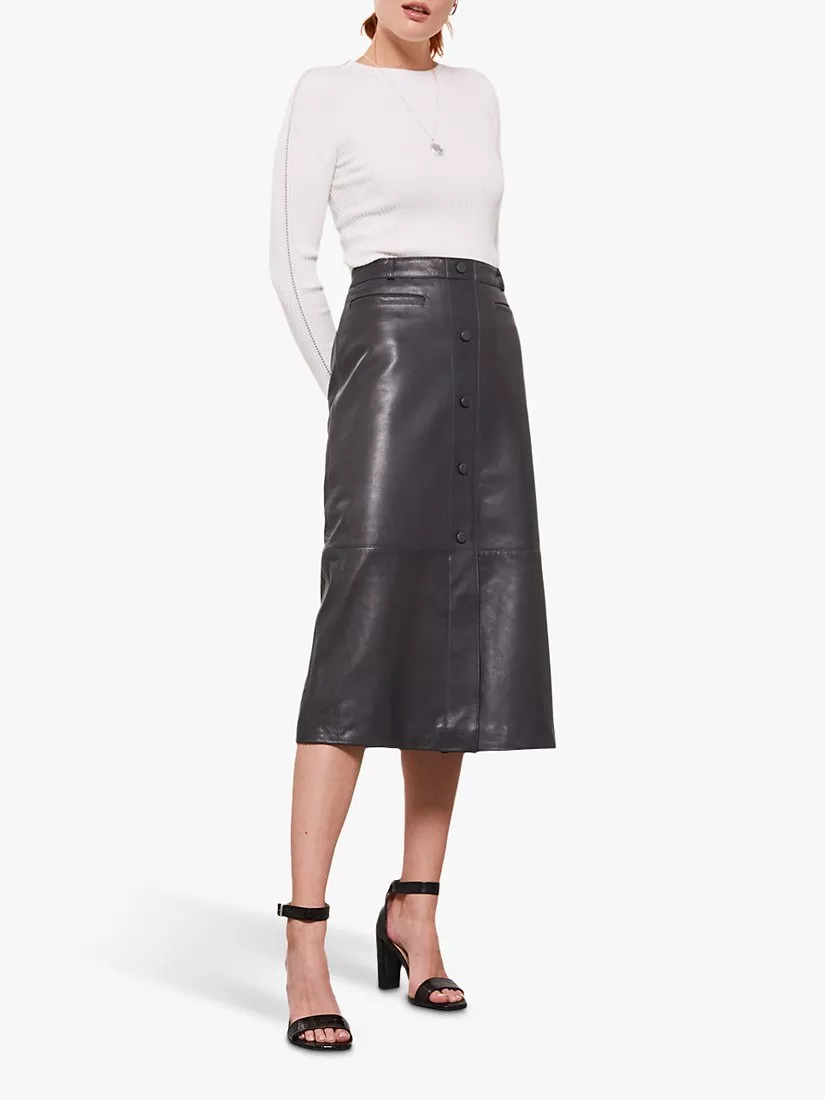 Mint Velvet Button Down Leather Midi Skirt Dark Grey