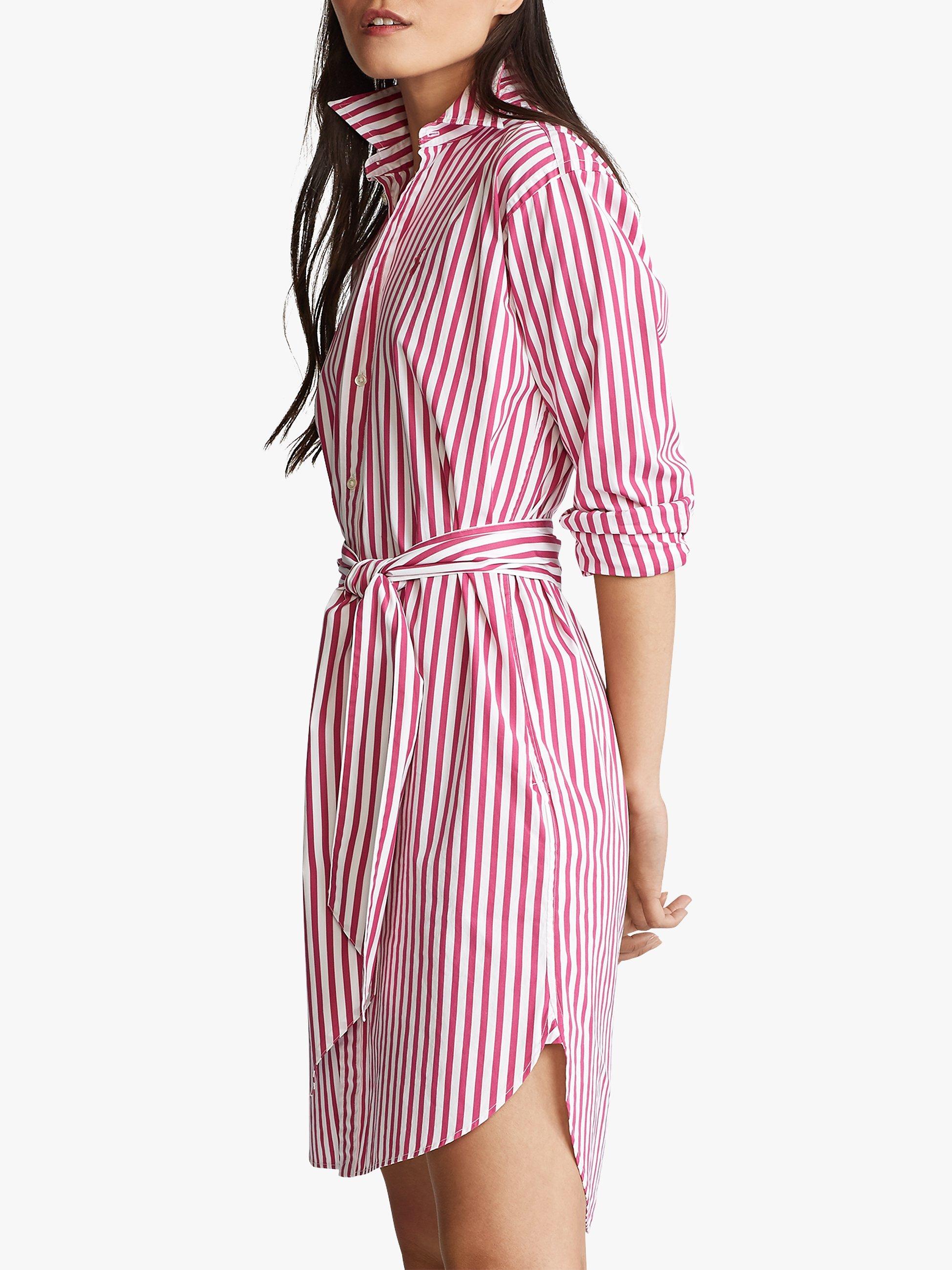 Polo Ralph Lauren Stripe Long Sleeve Shirt Dress, Pink/White