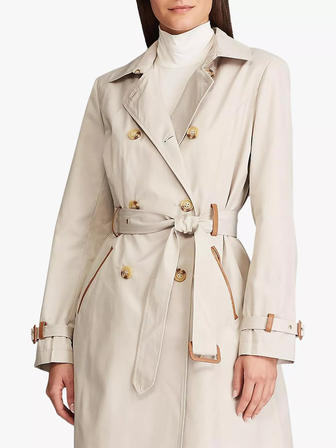 Lauren Ralph Lauren Faux Leather Trim Trench Coat Tone Cream