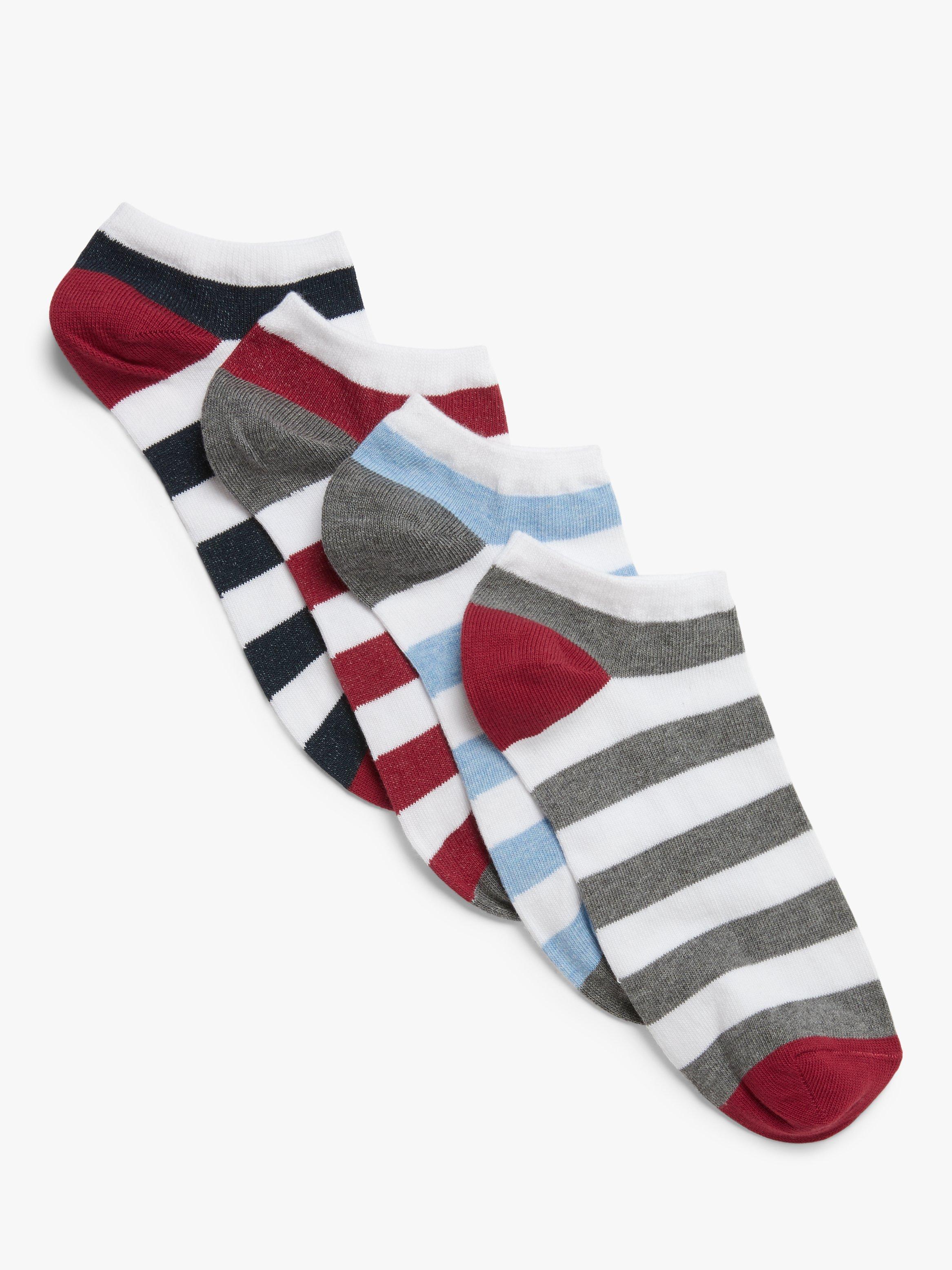 John Lewis Rugby Stripe Trainer Socks, Pack of 4, Black/Red/Blue/Grey