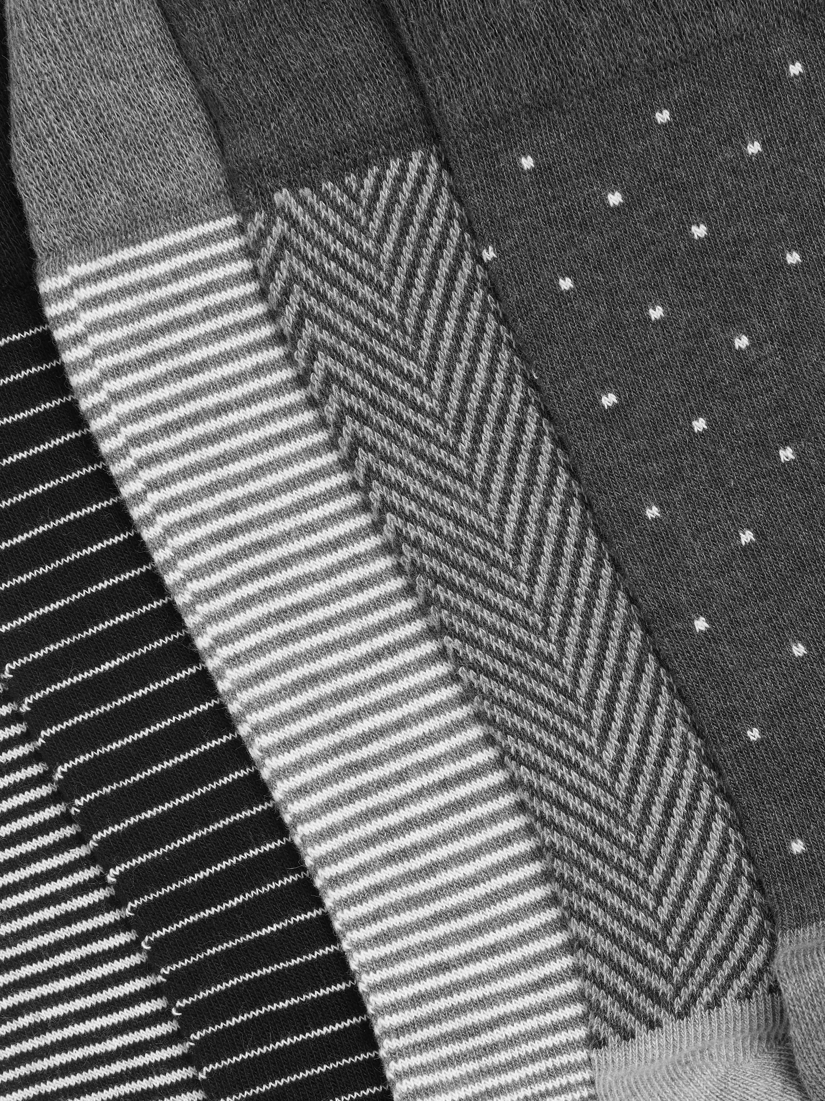 Product image 2 of 2, which shows John Lewis Stripe Spot Organic Cotton Rich Men's Socks, Pack of 5, Monochrome, S