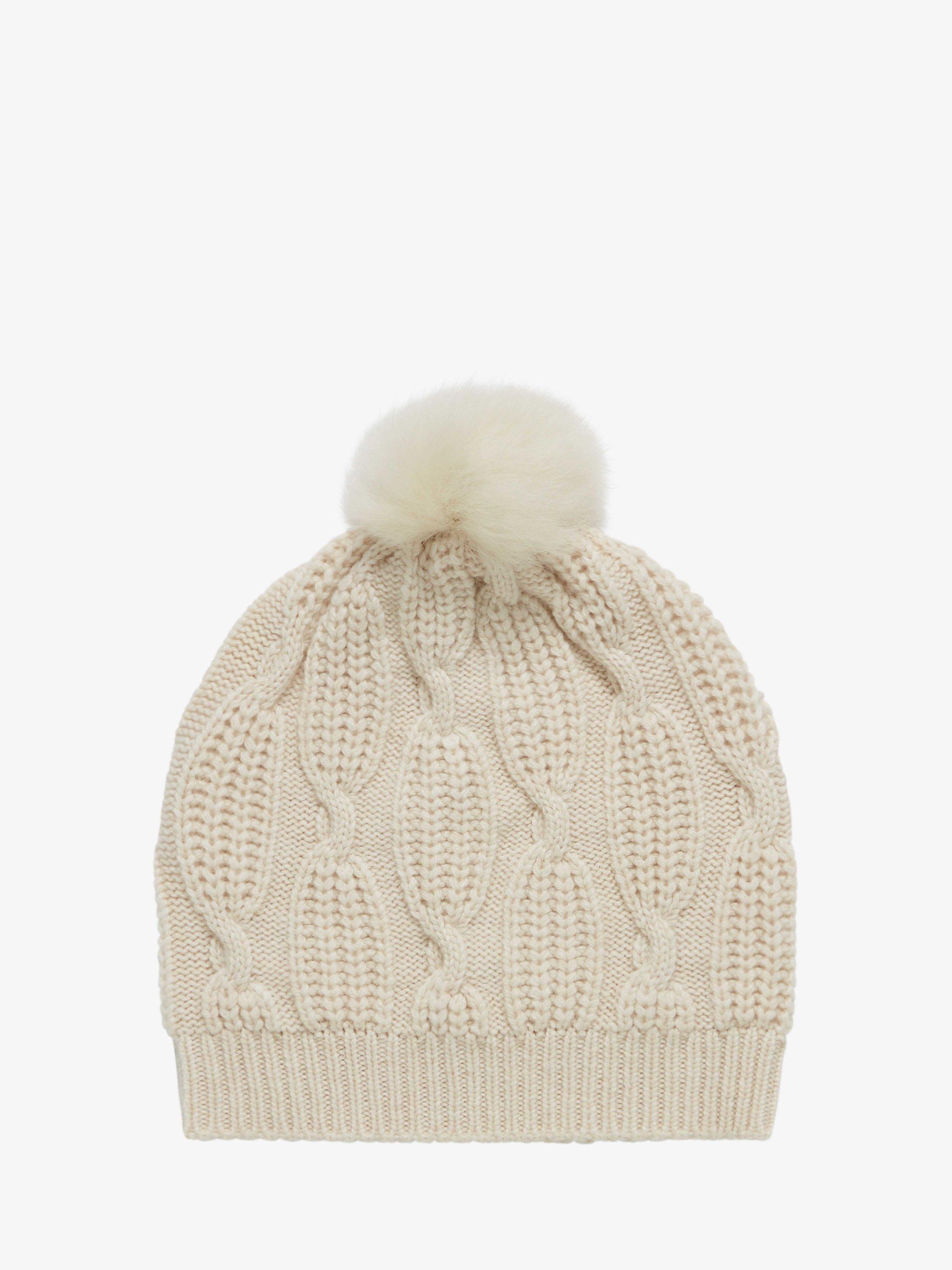 Brora Cashmere & Sheepskin Pom Pom Beanie, Swan