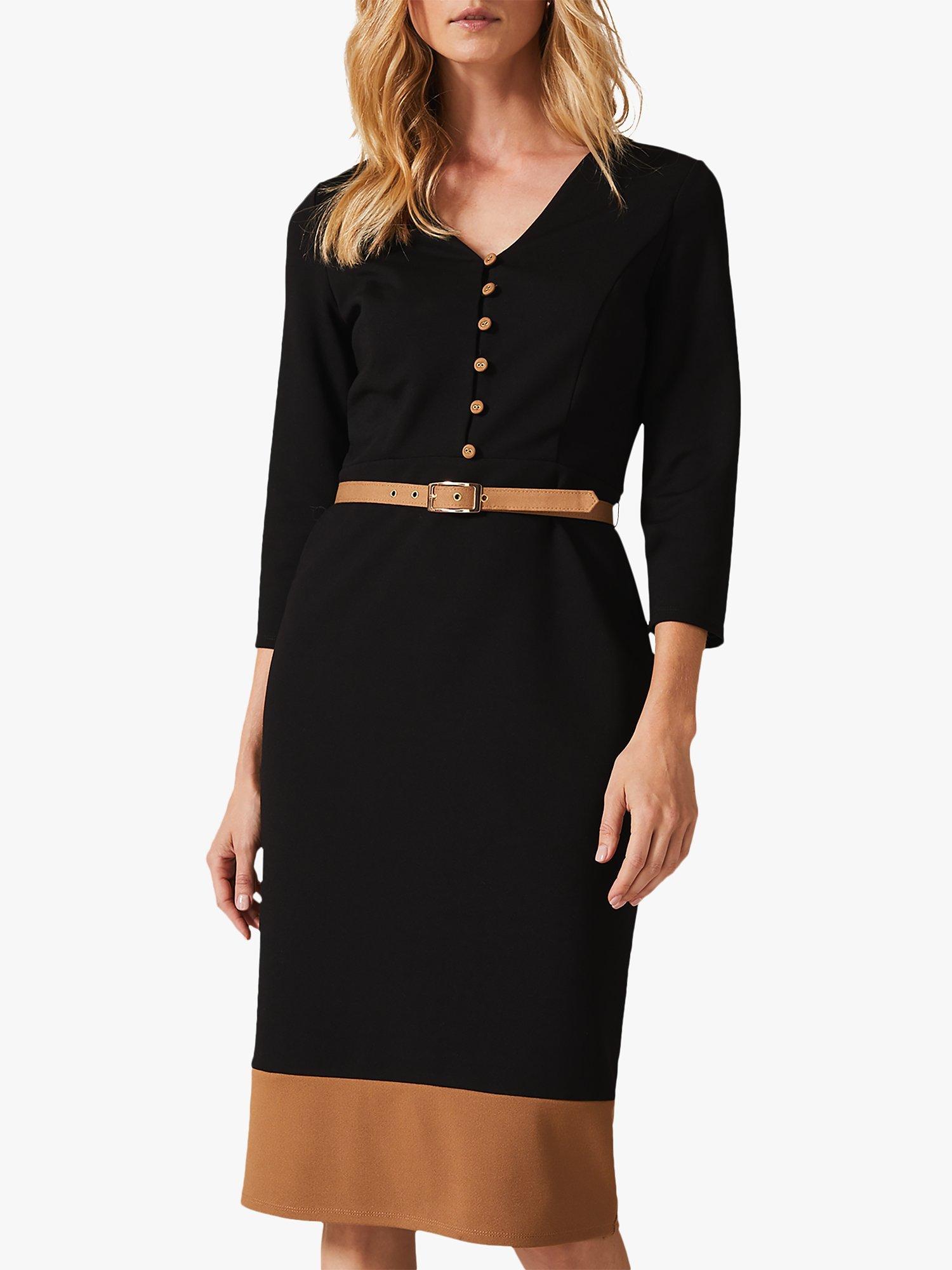 Phase Eight Delilah Colour Block Belted Dress, Black/Camel