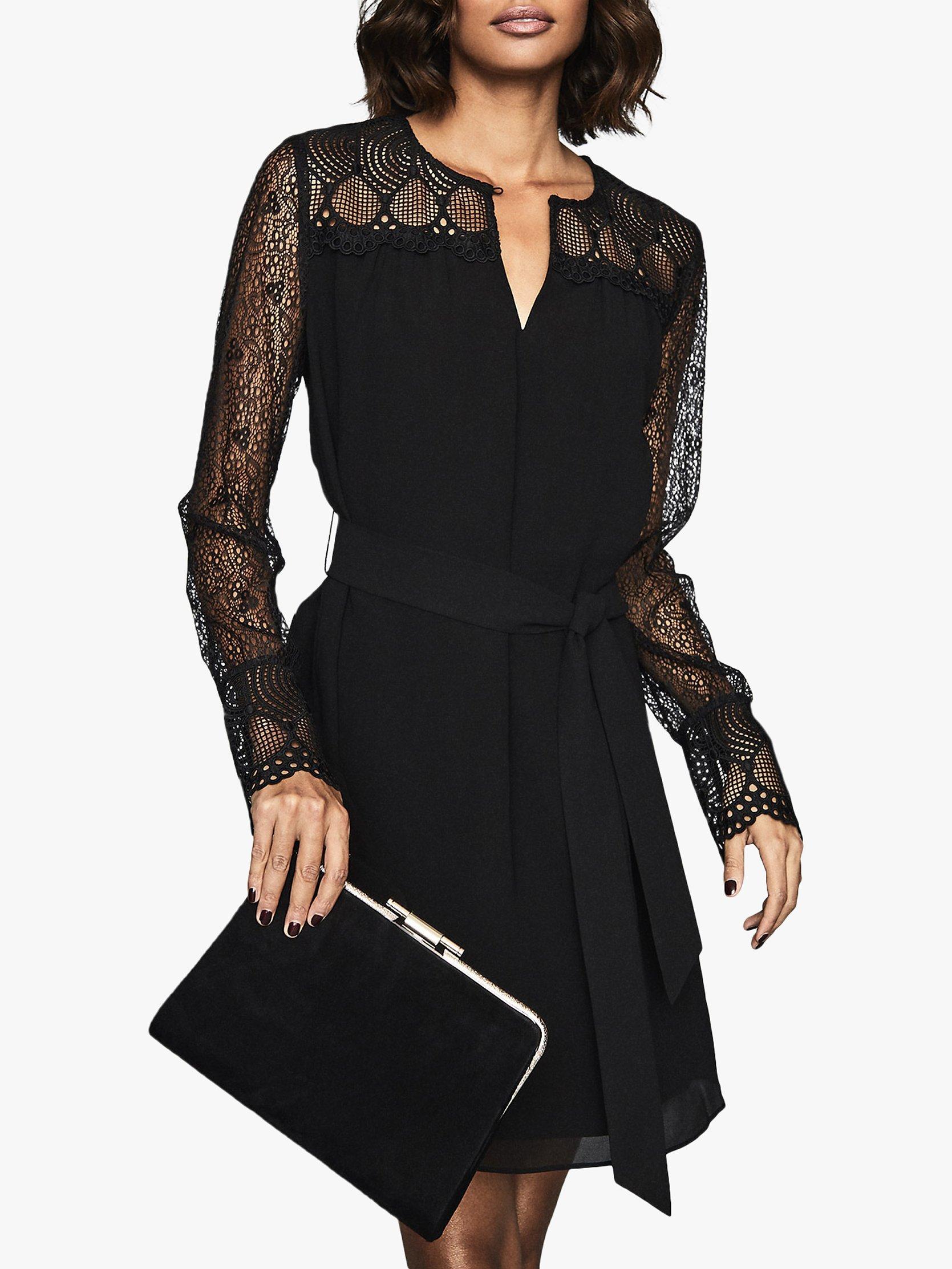 Reiss Callista Lace Sleeve Belted Dress, Black