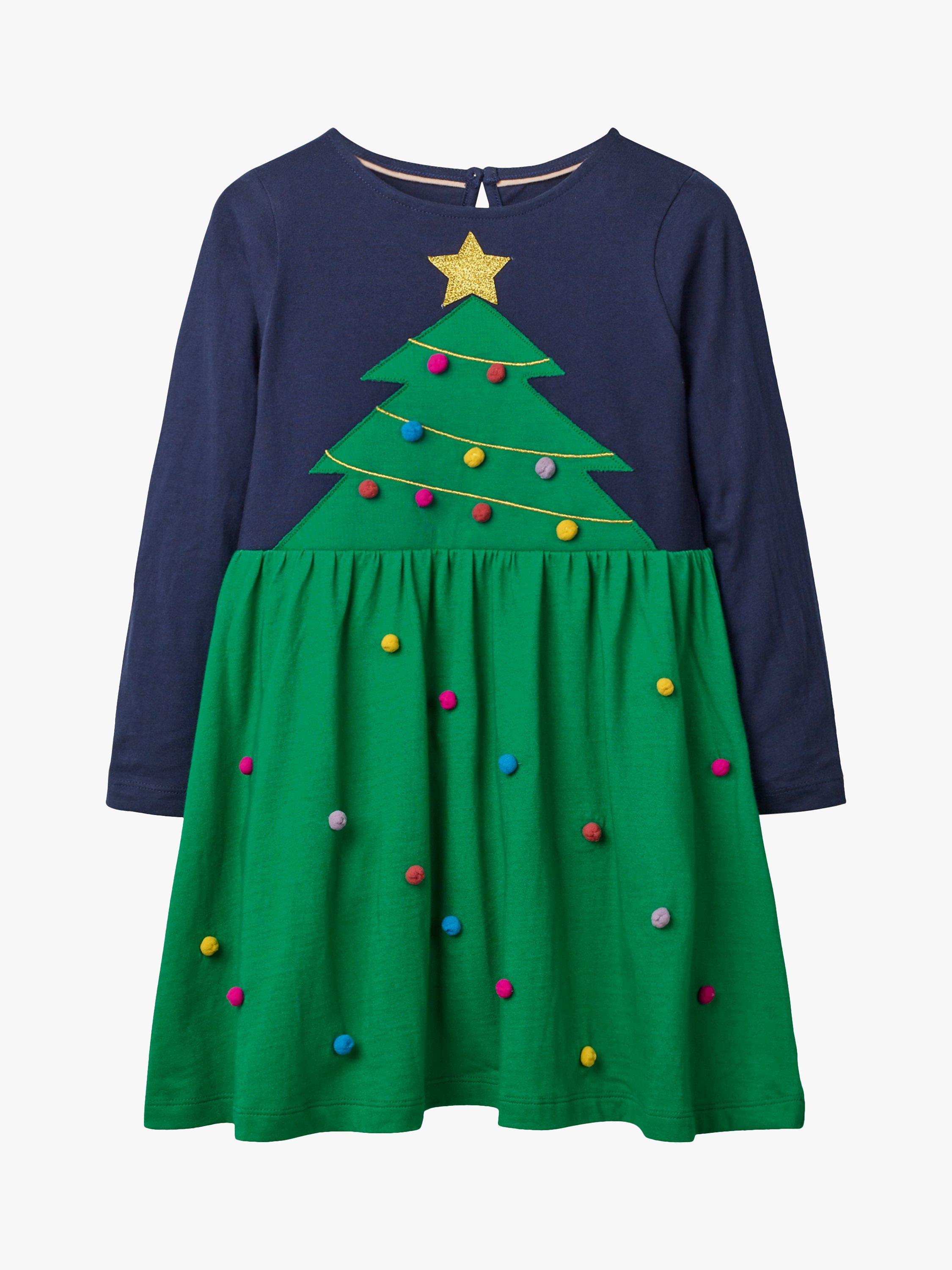 Mini Boden Girls' Festive Big Applique Christmas Tree Dress, Green/Navy