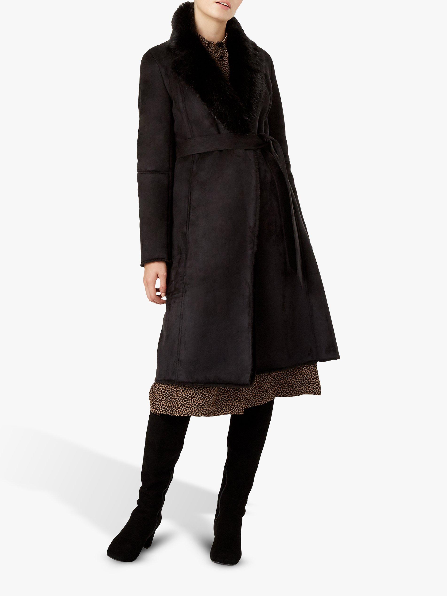 Hobbs Viola Faux Fur Trim Coat Black