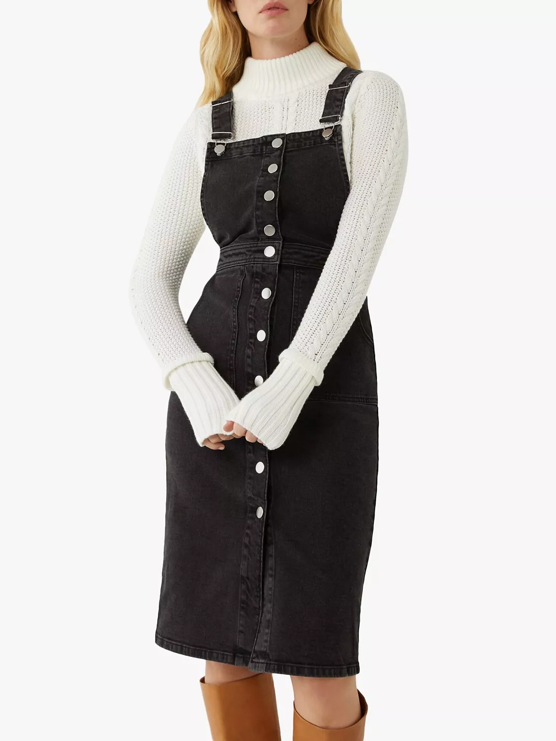 Warehouse Denim Midi Pinafore Dress Black