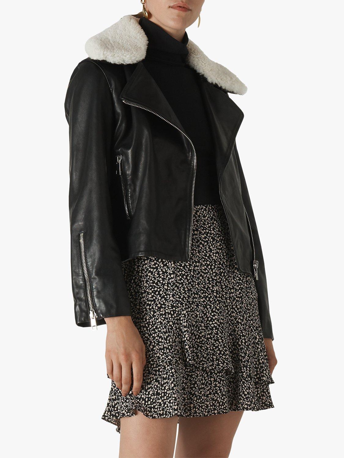 Whistles Borg Collar Leather Biker Jacket, Black