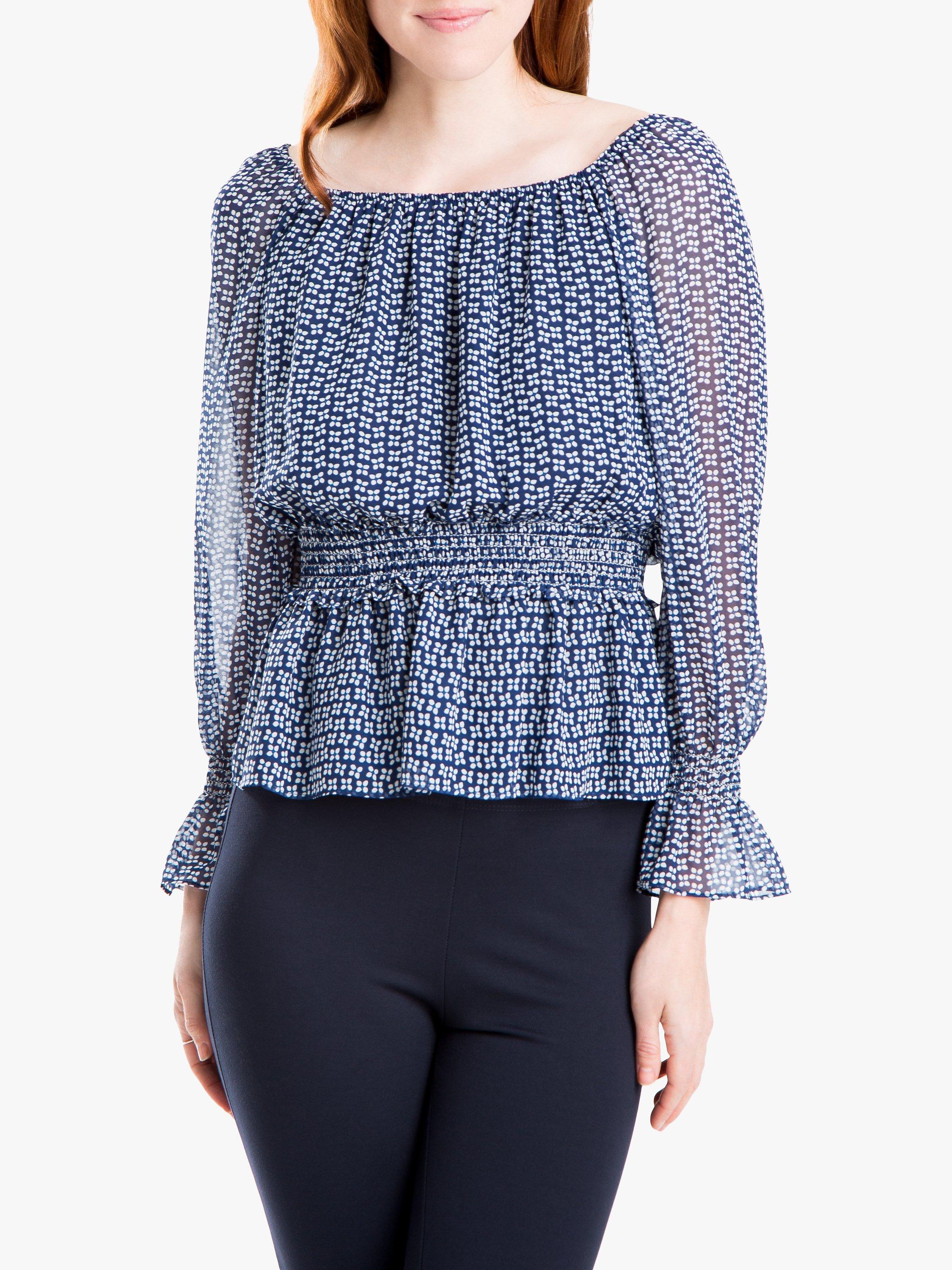 Max Studio Floral Smock Waist Top, Navy/Ivory