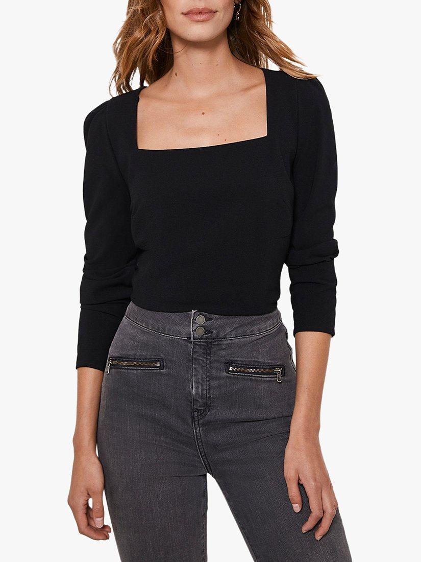 Mint Velvet Crepe Square Neck Puffed Sleeve Top Black
