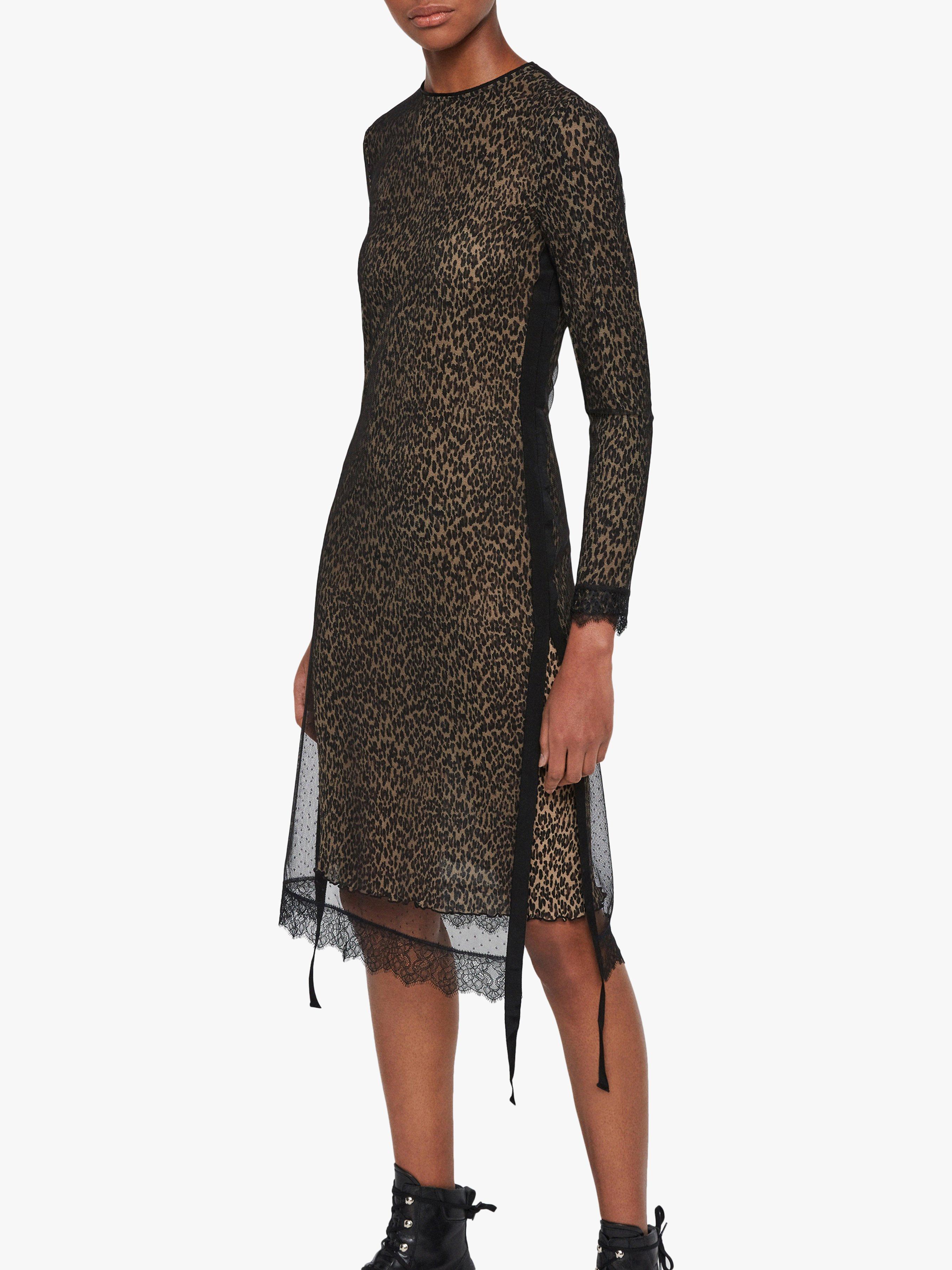 AllSaints Kiara Linleo Animal Print Dress, Taupe Brown