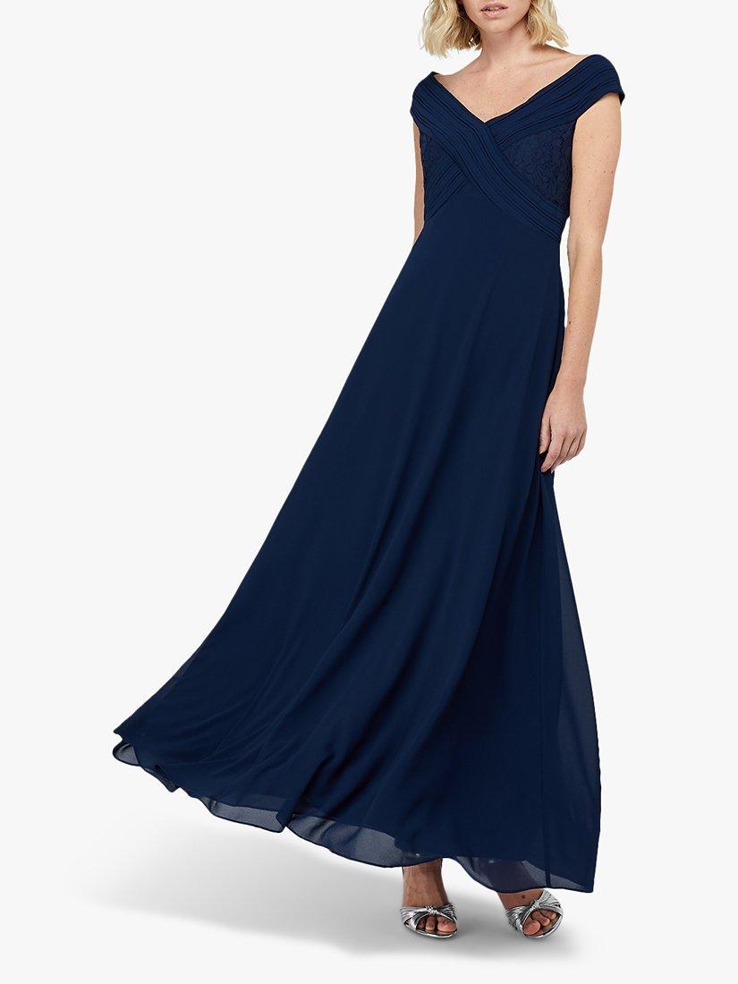 Monsoon Bethany Bardot Pleat Lace Maxi Dress, Navy